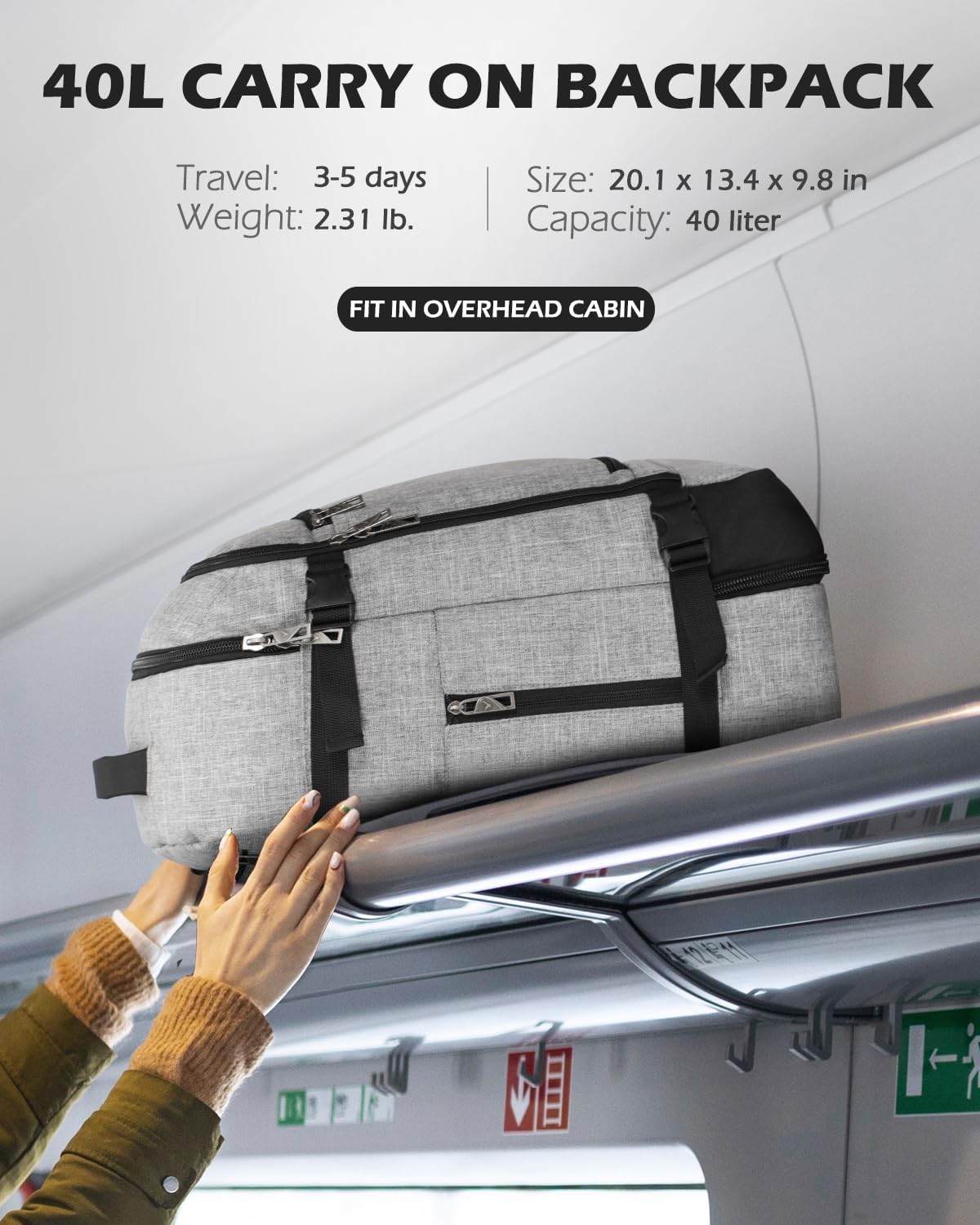 Hynes Eagle Mochila de viaje 40L aprobada para vuelo, mochila de mano para hombre, gran cabina, fin de semana, mochila para computadora portátil,