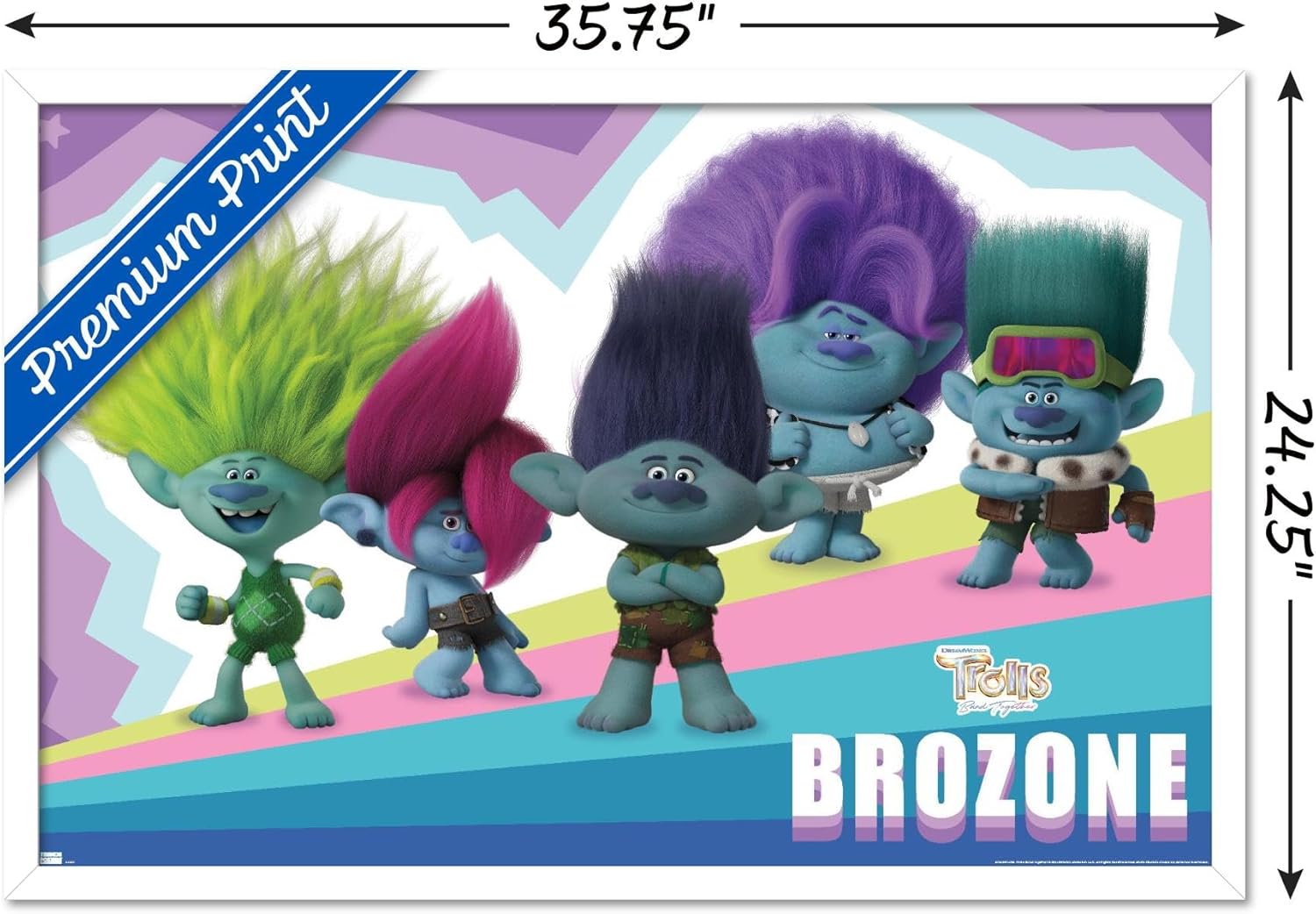 Trends International Trolls Band Together – Póster de pared de brozone, 22.37 x 34.00 pulgadas, versión enmarcada en blanco