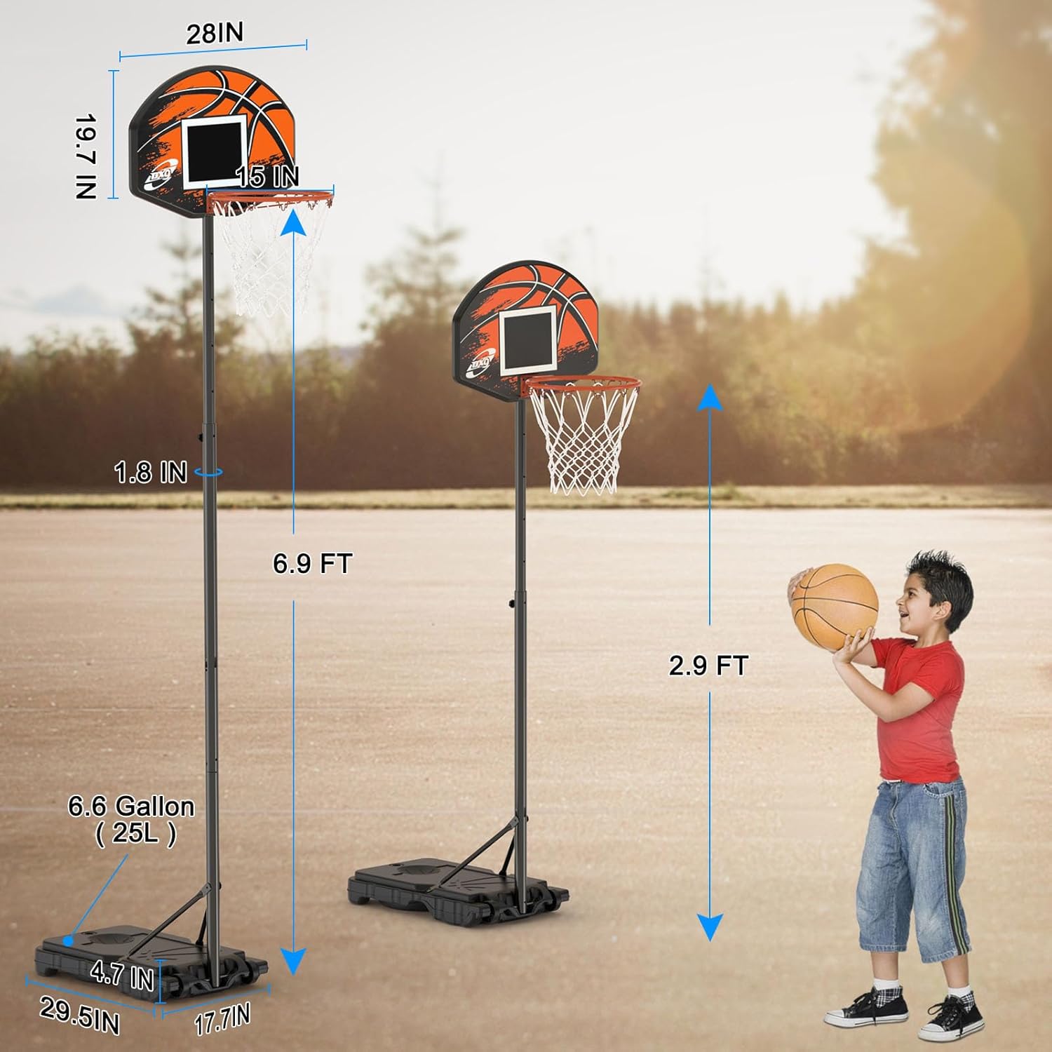 Aro de baloncesto para niños, aro de baloncesto ajustable de 2.9 a 6.9 pies, para exteriores, tablero trasero de 28 pulgadas, soporte de baloncesto