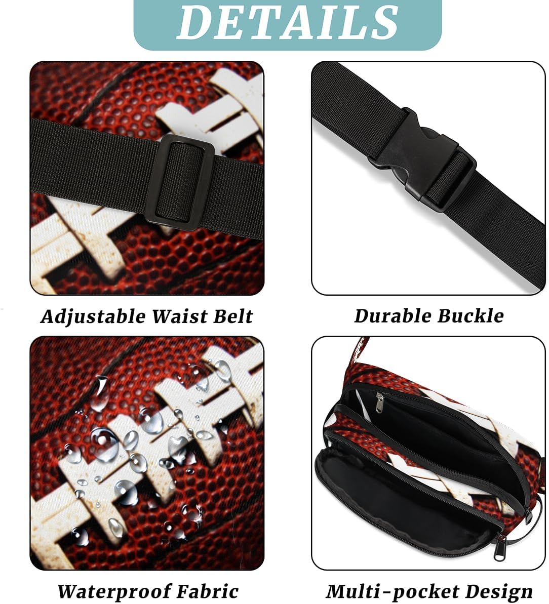Riñonera de fútbol americano para hombres y mujeres, bolsa cruzada de fútbol con correa ajustable, bolsa impermeable para viajes, caminar, correr,