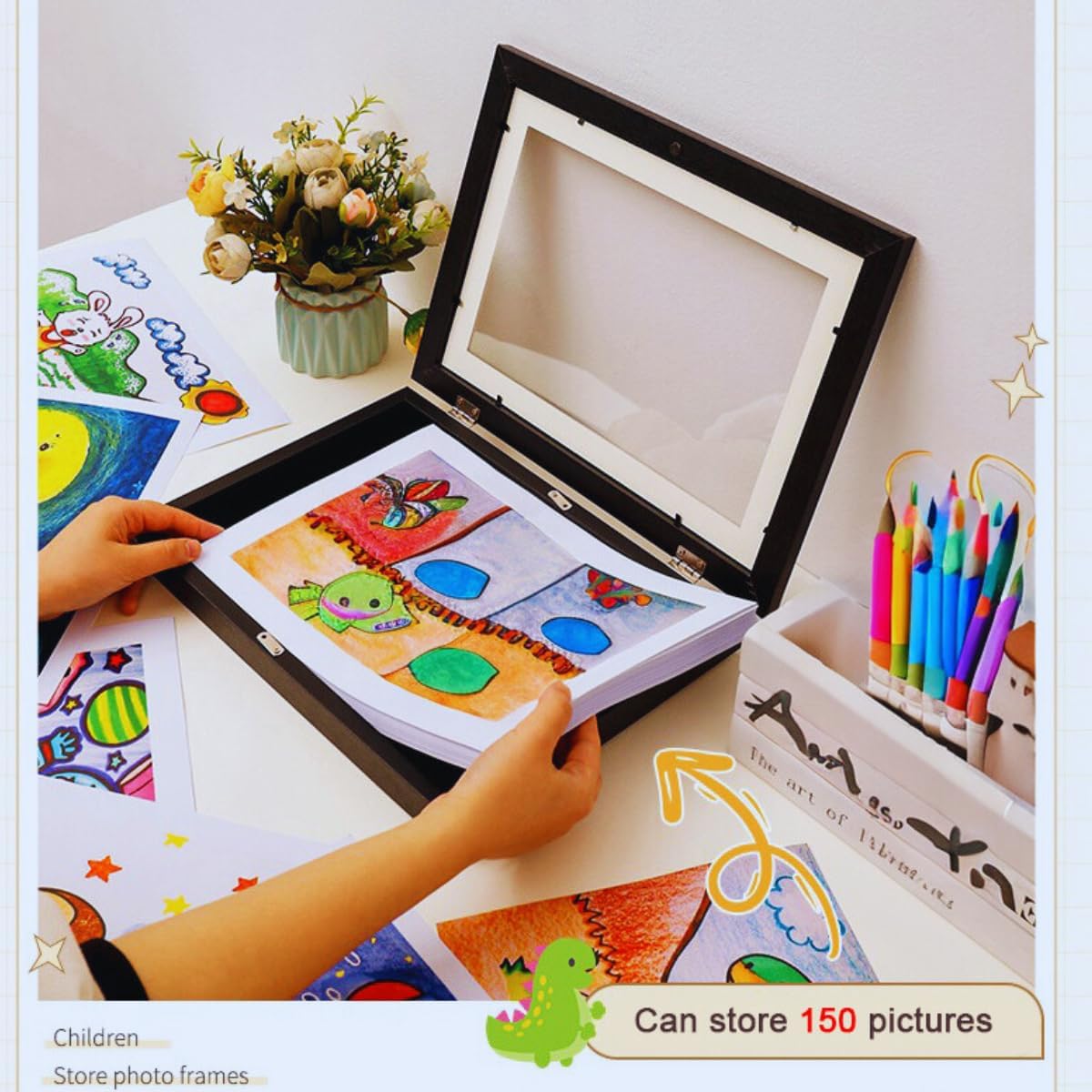 Marco de obras de arte para niños, marco de fotos de 8 x 10 pulgadas, para almacenar, exhibir, colgar hasta 150 fotos intercambiables o obras de