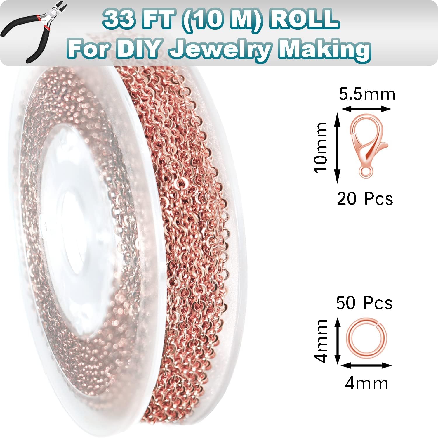 Jishi Rollo de cadena de cable de eslabones de 33 pies de 0.079 pulgadas, cadena de oro rosa para hacer joyas, collares, aretes, pulseras,