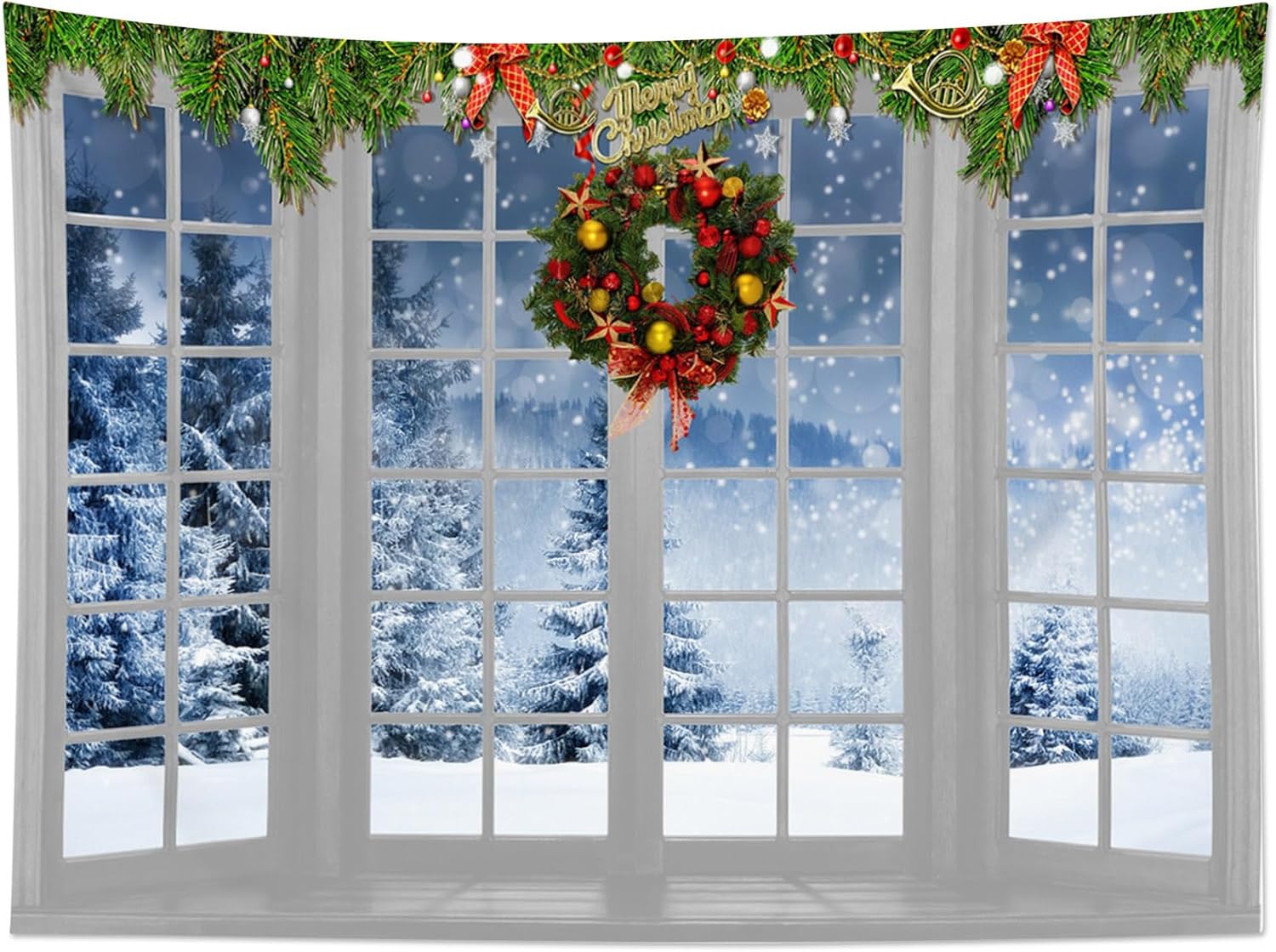 HVEST Tapiz navideño de invierno para colgar en la pared, bosque de pinos nevados con copo de nieve a través de ventana, tapiz de corona de Navidad