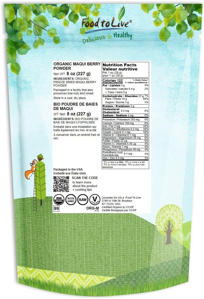 Food to Live Polvo orgánico de bayas maqui, 8 onzas, sin OMG, crudo, 100% puro, superalimento vegano, sin azúcar añadido, a granel, rico en hierro,