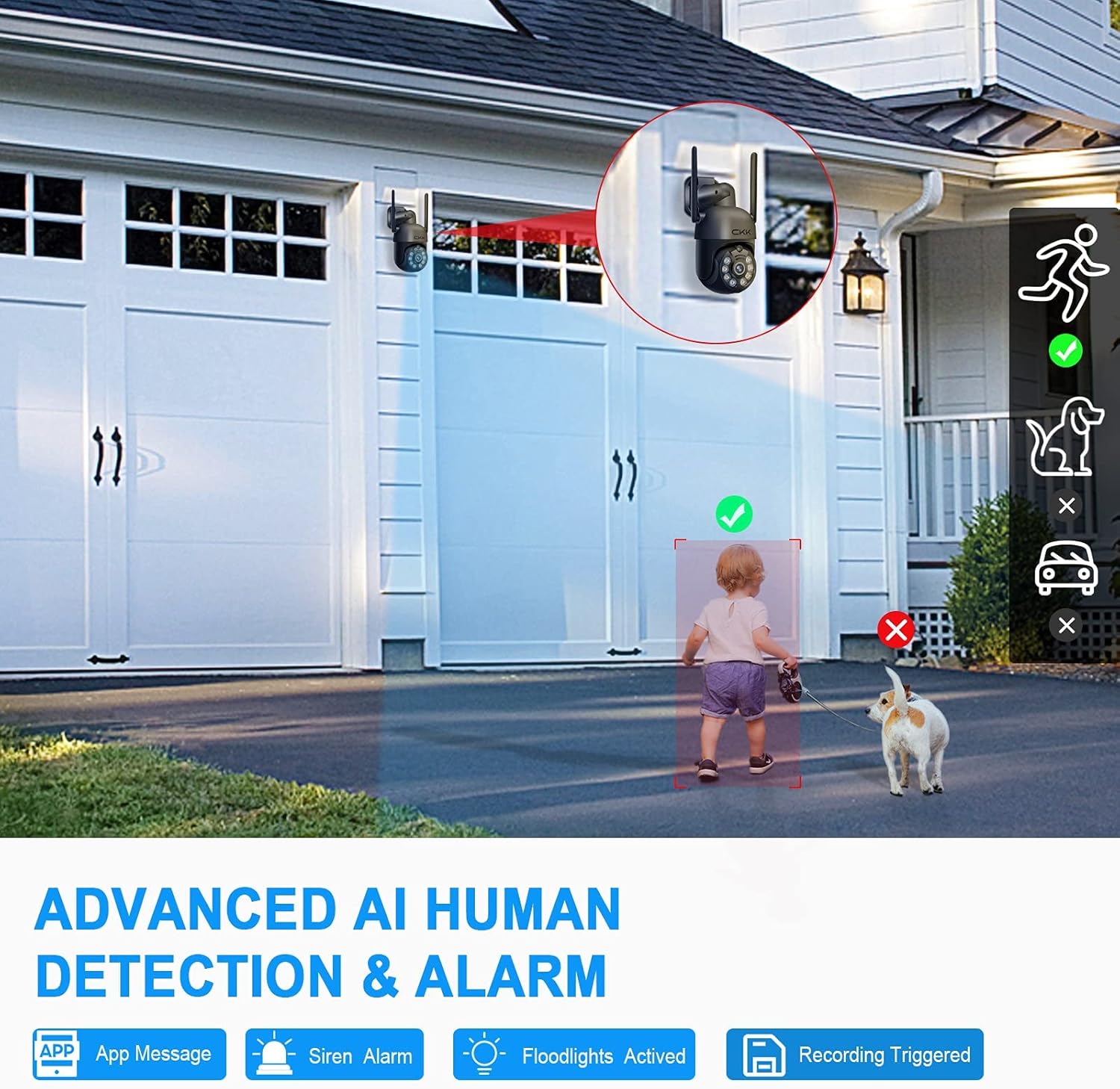 CKK Cámara de seguridad 2K con visión nocturna a color para exteriores, cámaras PTZ inalámbricas para detección humana con IA en el hogar y