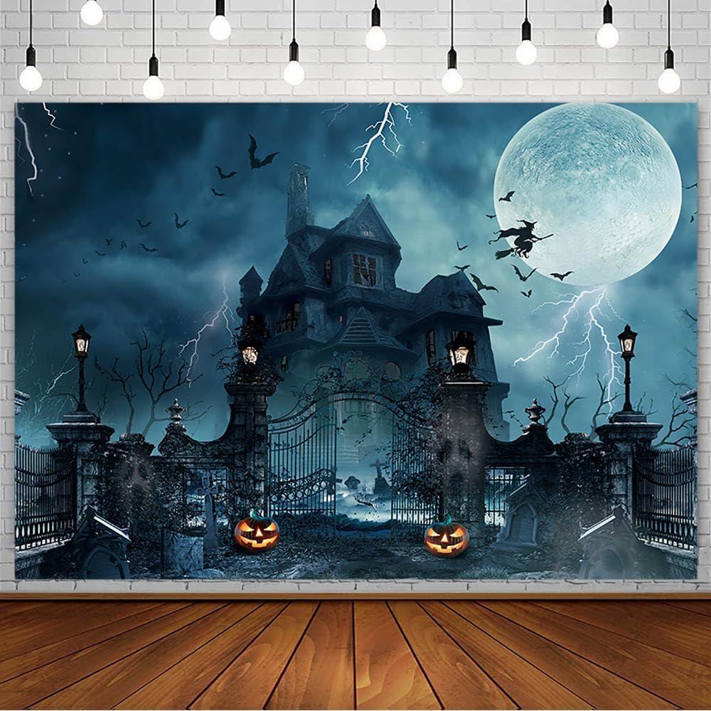 Telón de fondo de Halloween de 7 x 5 pies para fotografía, noche de Halloween, puerta de hierro, castillo de bruja, casas encantadas, luna,