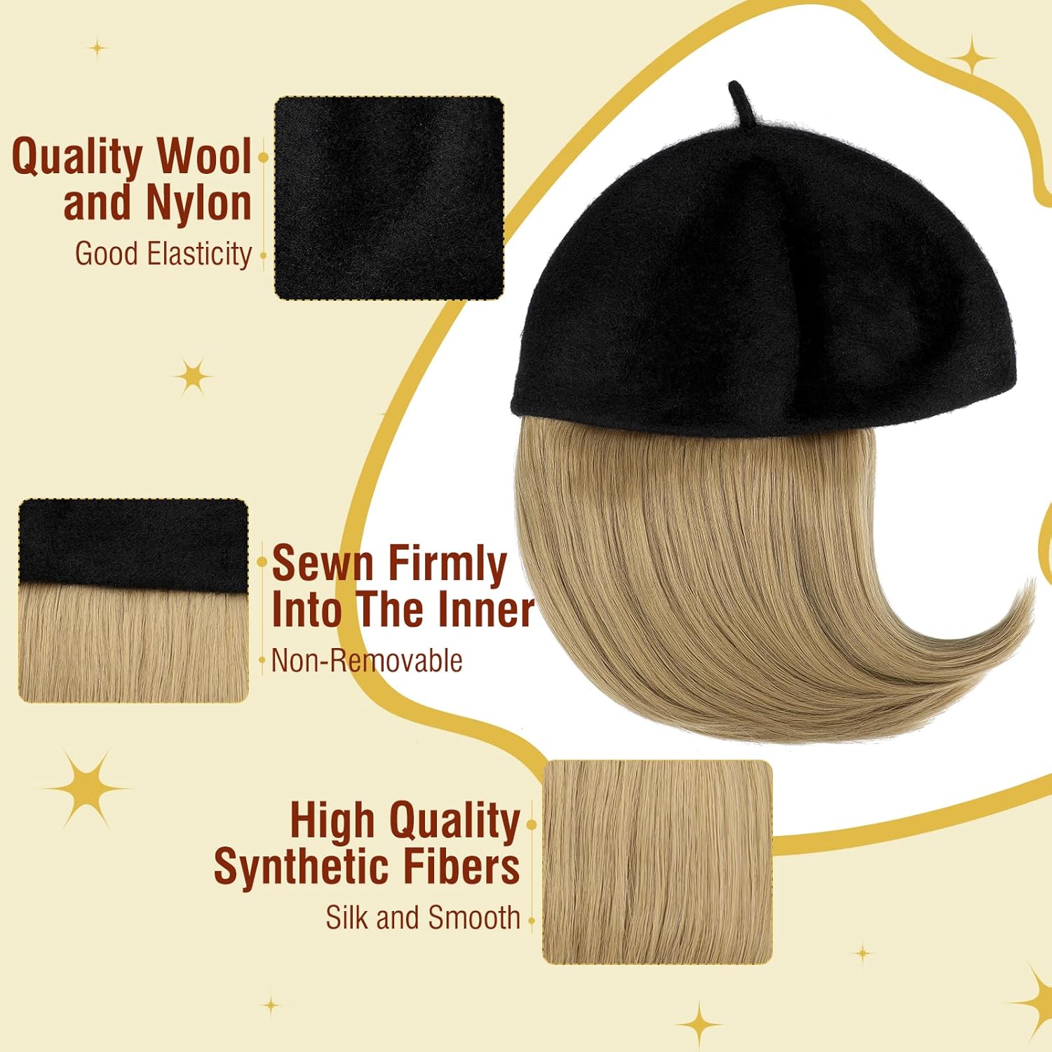 Gorro de boina con extensiones de cabello, sombrero clásico de lana francesa adjunta, 12 pulgadas, lacio, corto, Bob sintético, para mujer, rubio