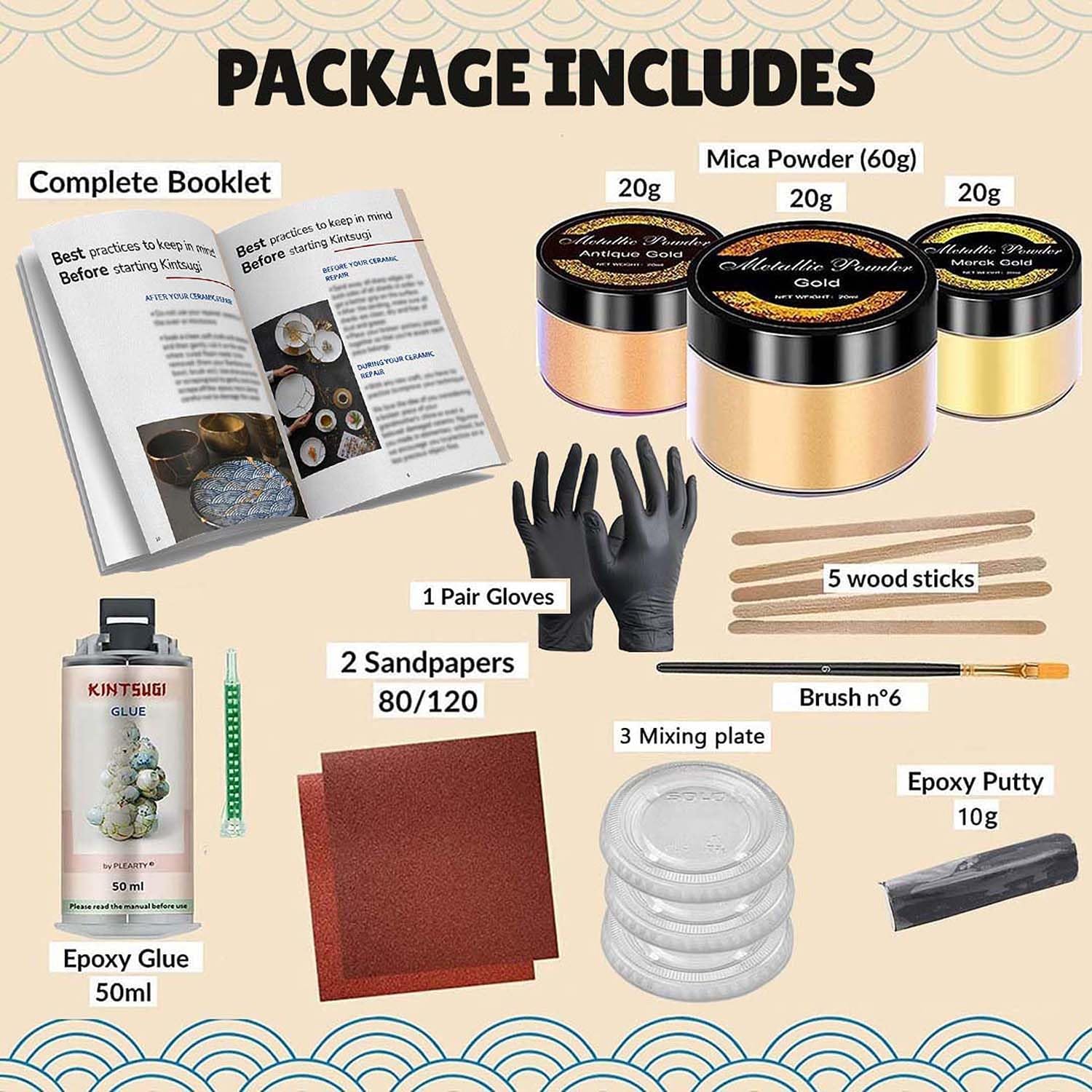 Plearty Kintsugi – Kit de reparación de oro seguro para alimentos, 1.7 fl oz, resina epoxi de 2.12 oz, polvo de mica dorado metálico, 15 páginas