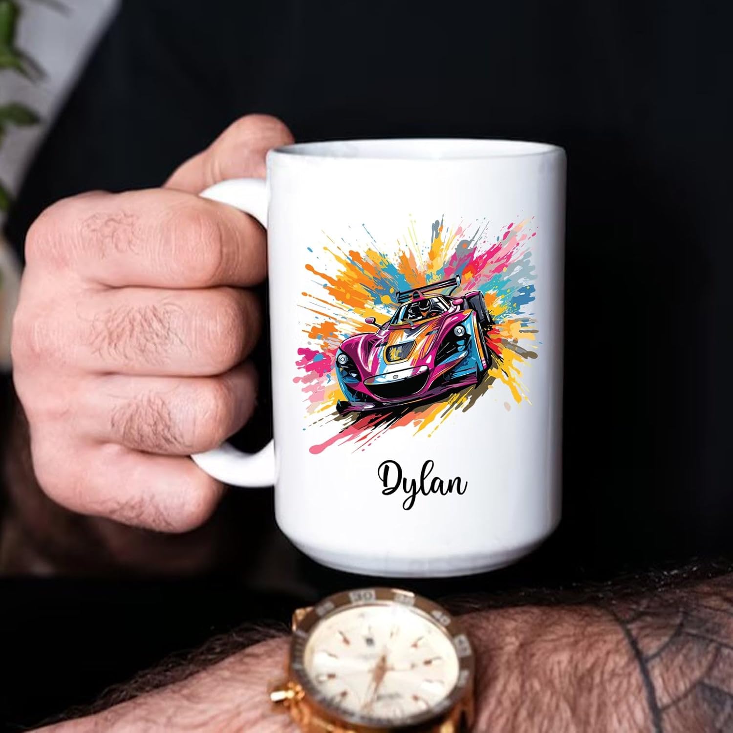 Taza personalizada de carreras de autos con nombre, regalos de taza de café de carreras de coches, taza de té deportiva, taza de acuarela de
