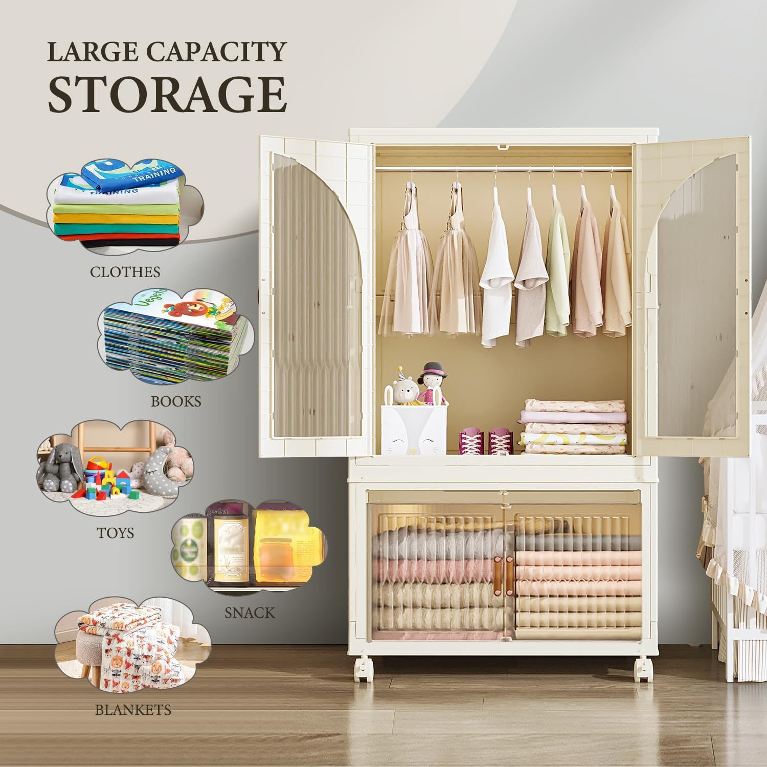 Armario portátil para niños, armario plegable de plástico grande para ropa de bebé, armario para dormitorio, cuarto de bebé, armario de instalación
