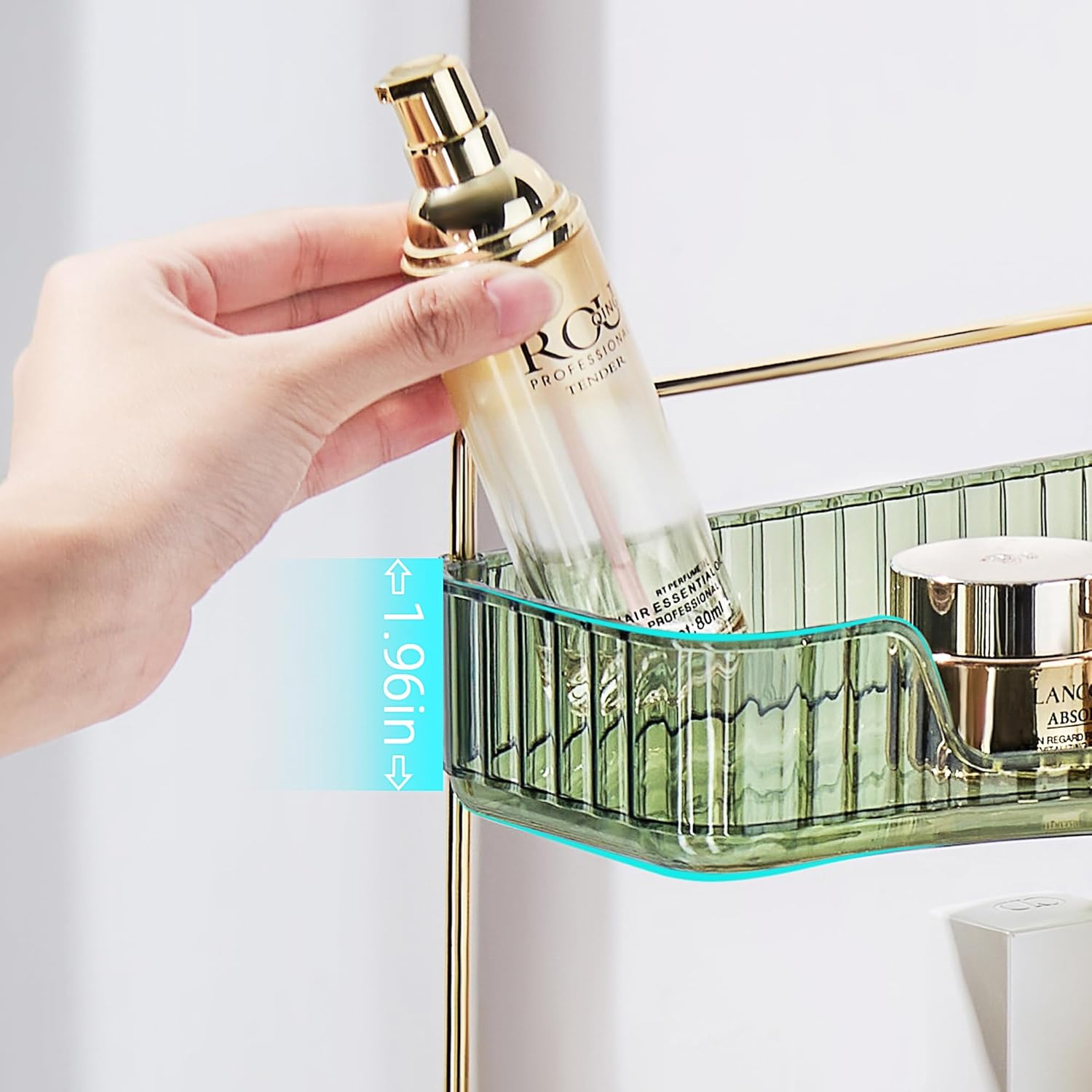 Organizador de maquillaje para esquina de baño, soporte organizador de maquillaje verde de 3 niveles, estante de perfume acrílico de gran capacidad,