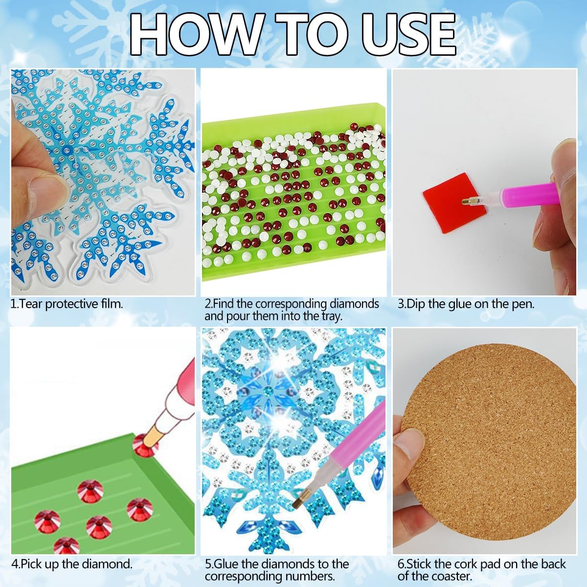 8 posavasos de pintura de diamantes de copo de nieve con soporte, posavasos de arte de diamantes de copo de nieve congelado, posavasos redondos de