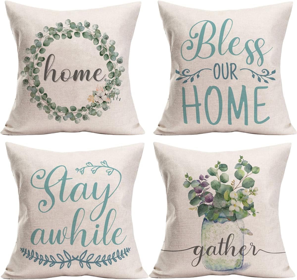 Home Throw – Juego de 4 fundas de almohada de 24 x 24 pulgadas  24.0 x 24.0 in., decorativas para exteriores, diseño de hojas de eucalipto, verde,
