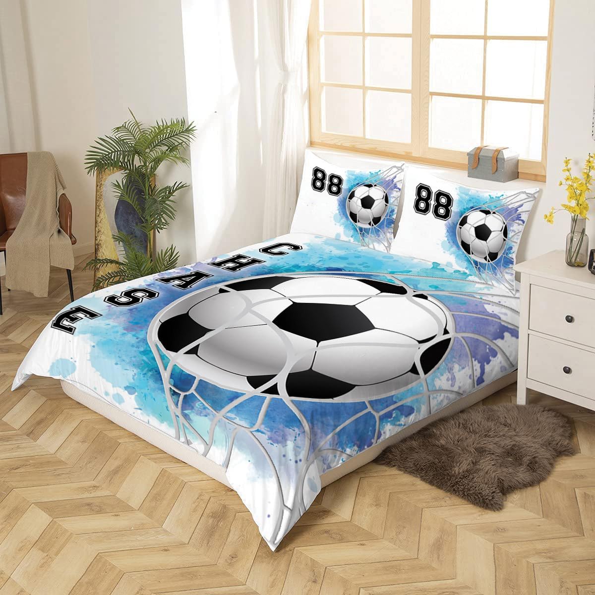 Juego de ropa de cama personalizado con tu nombre, juego de ropa de cama matrimonial de fútbol de 34 piezas, ropa de cama de fútbol tamaño King,