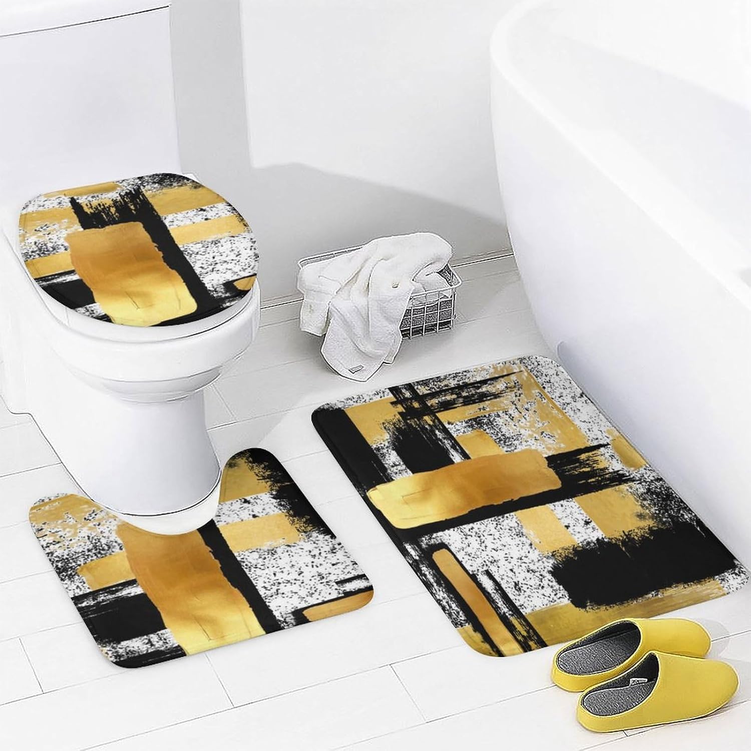 Juego de 4 cortinas de ducha de arte geométrico moderno abstracto, estilo grunge, negro, blanco, dorado, impreso, juego de decoración de baño con