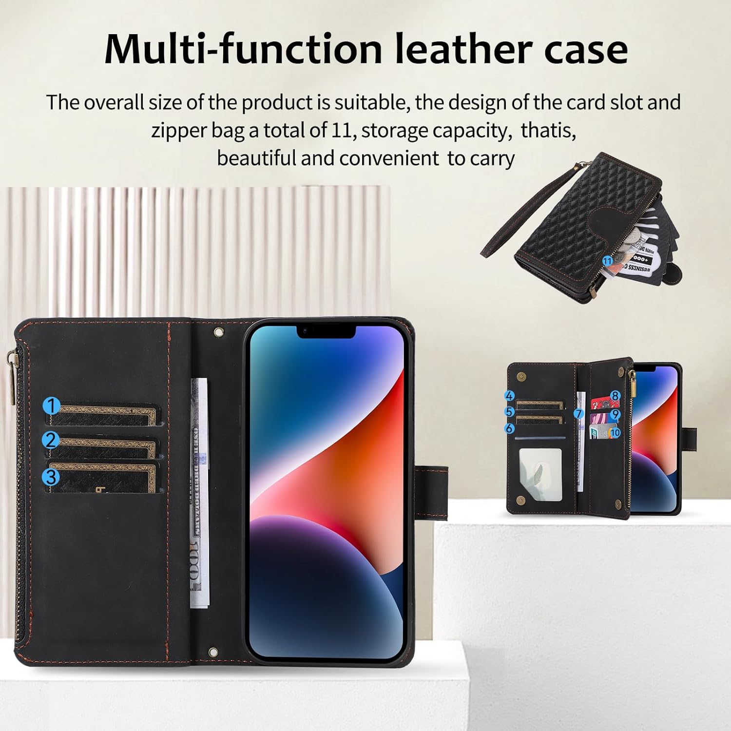 Asuwish Funda compatible con iPhone 15 Plus de 6.7 pulgadas, protector de pantalla de vidrio templado, tarjetero con cremallera, funda para teléfono