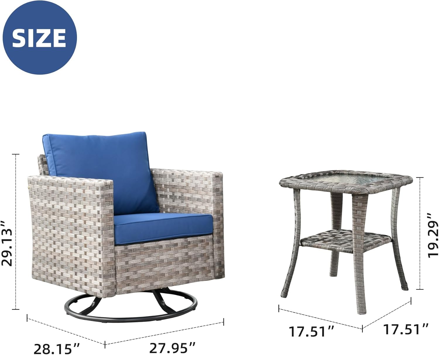 XIZZI Mecedora para exteriores giratoria de 360 grados para patio y mesa auxiliar a juego, ratán de polietileno para todo tipo de clima, para