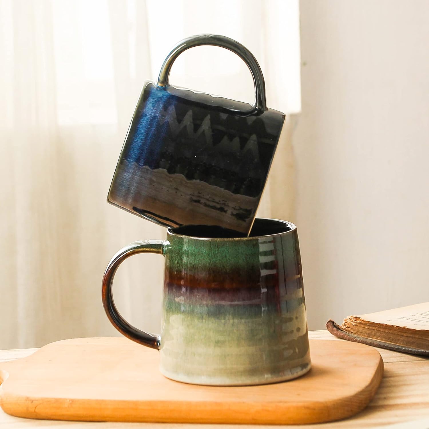 masoline Taza de café grande de cerámica, tazas de cerámica hechas a mano, tazas de té con mango grande para oficina y hogar, 15.5 onzas, aptas para
