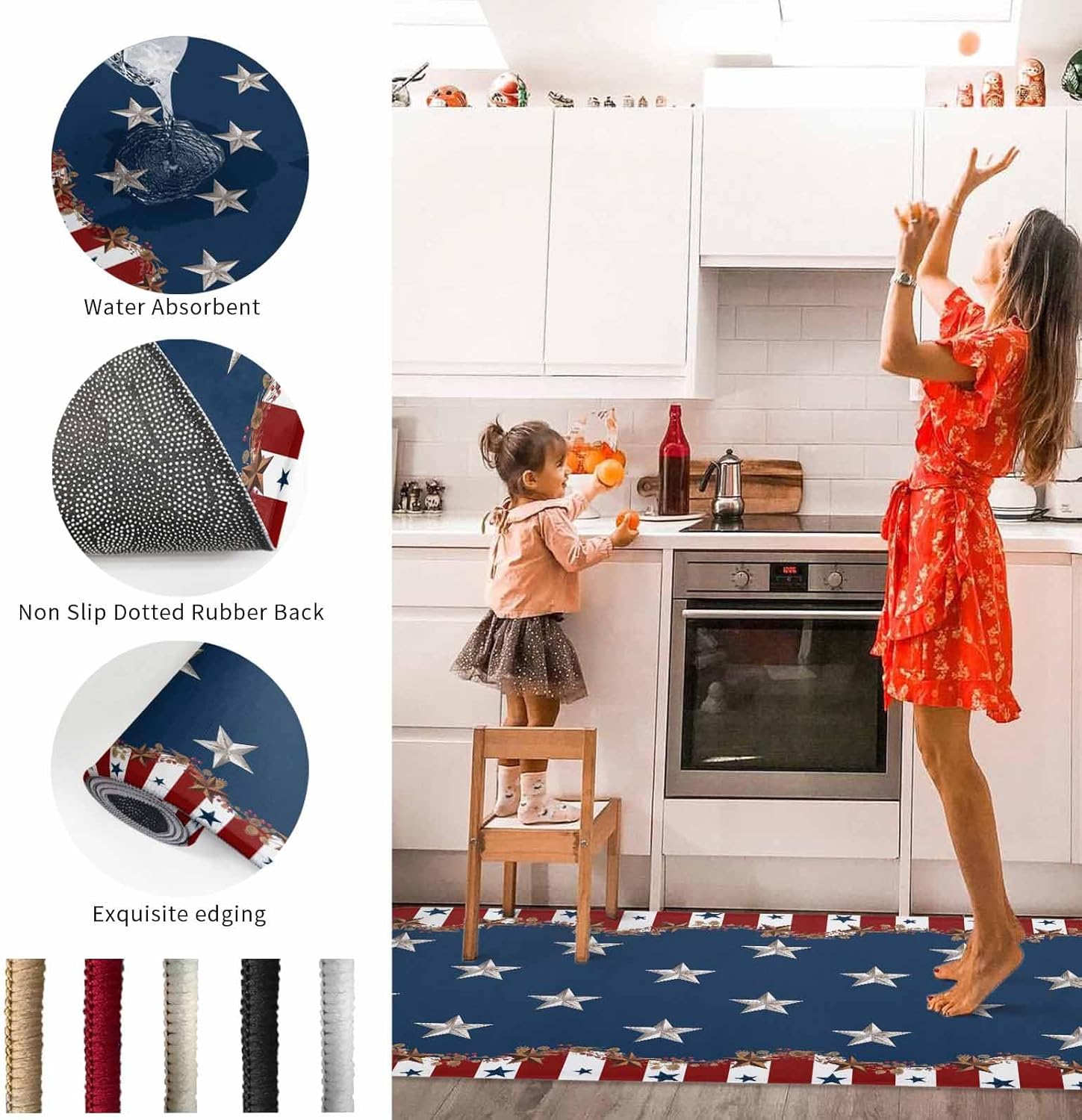 T&H XHome Alfombras y tapetes de cocina para el 4 de julio, Día de la Independencia, bandera de Estados Unidos azul y rojo, estrellas vintage con