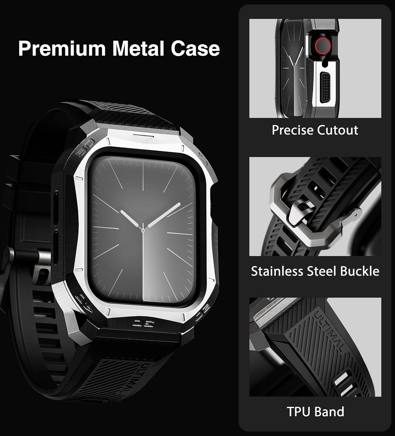 ULTIMAL Compatible con Apple Watch de 1.929 in1.772 in1.732 in, correa deportiva resistente con carcasa de acero inoxidable resistente, correa de