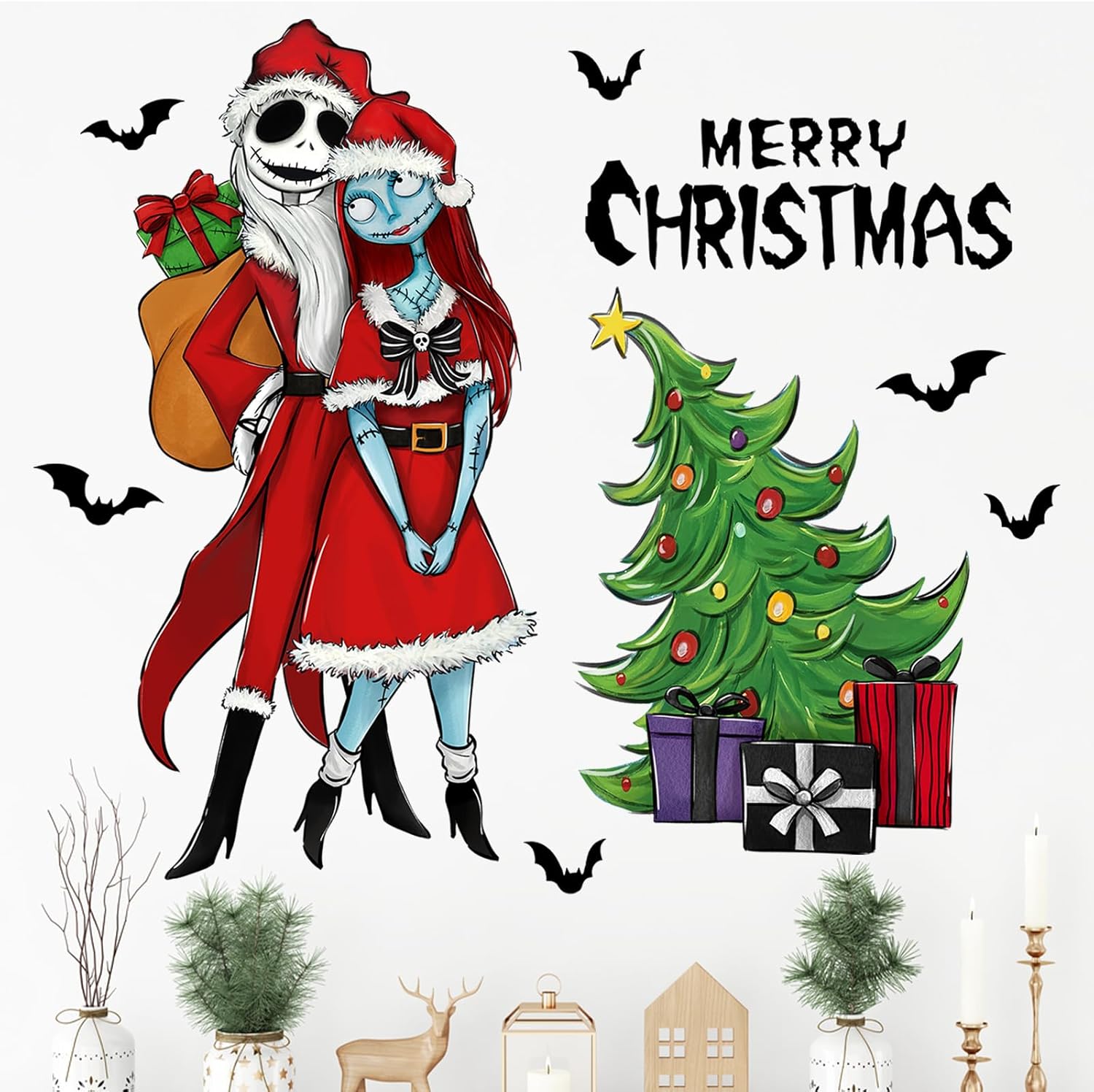 Mfault Calcomanías de pared con texto en inglés Merry Christmas Nigh.tmare BEF.ore, Jack Skellington Sally, árbol de Navidad, cráneo, murciélagos,