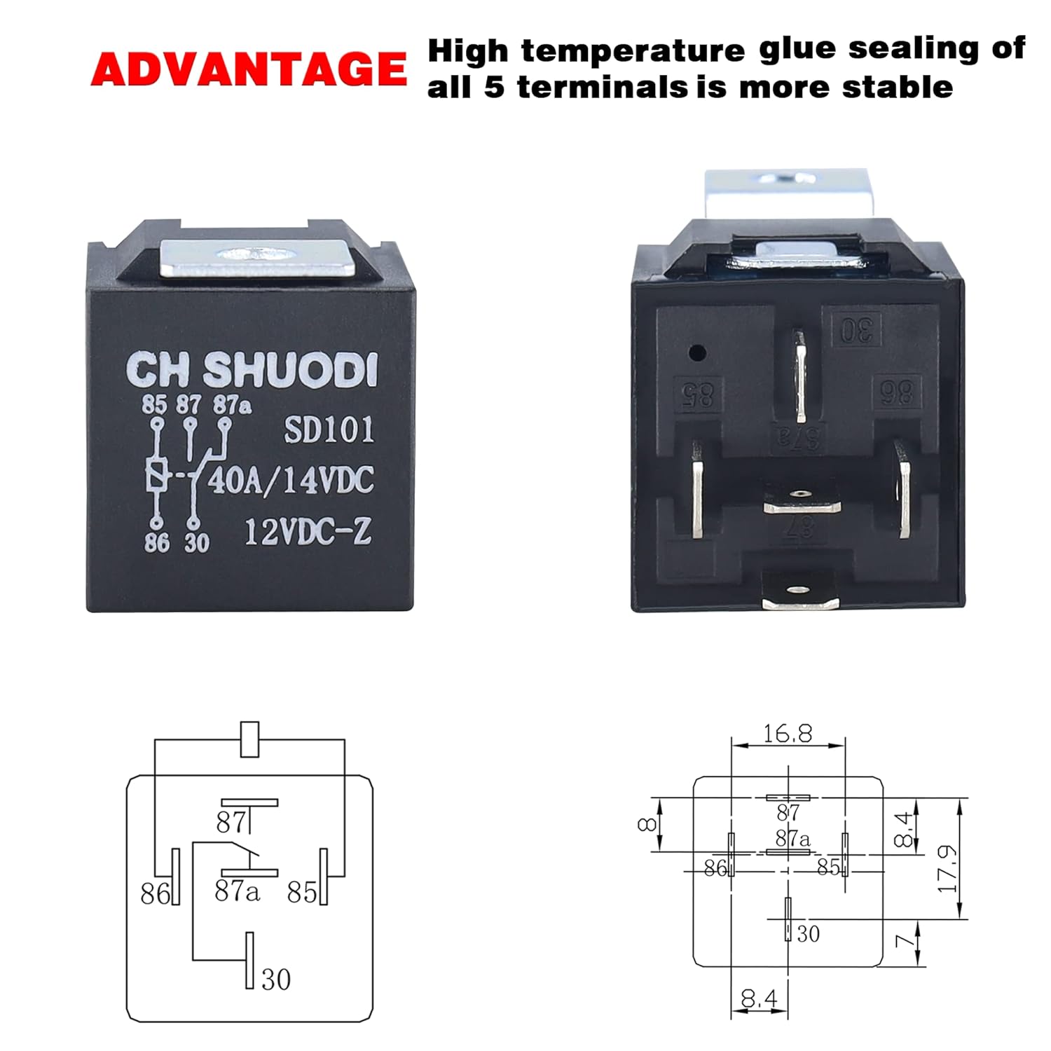 CH SHUODI Paquete de 5 relés ignífugos de 5 pines con arnés de 40 amperios, 14 AWG, 12 V CC, 5 pines, 3040 A, 12 V, con enchufe de relé de