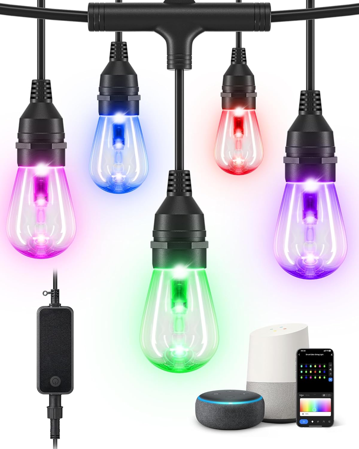 EDISHINE Guirnalda de luces inteligentes para exteriores, luces de patio que cambian de color de 48 pies con 18 bombillas LED RGBW, aplicación y