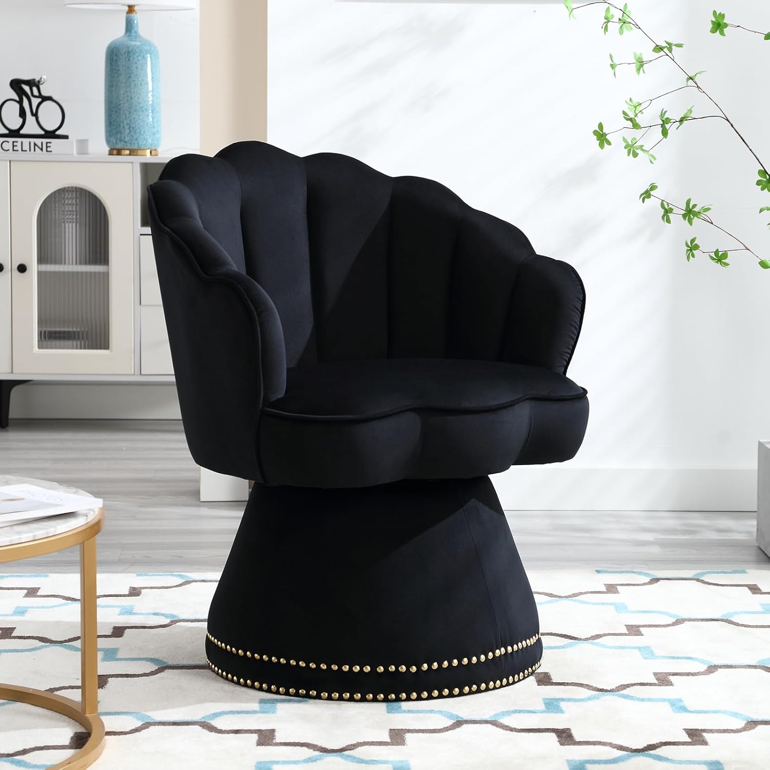 Suheww Silla decorativa giratoria, moderna silla tapizada de terciopelo con barril giratorio de 360 grados, sillón pequeño con silueta festoneada