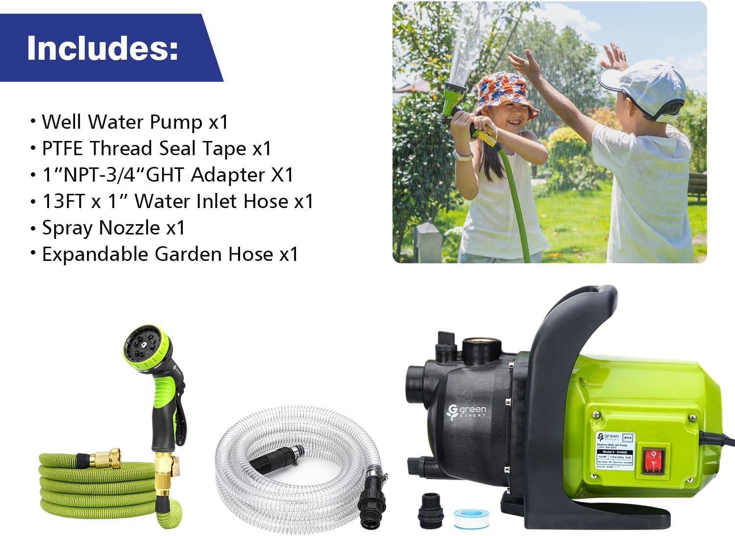 Green Expert – Kits de bomba de pozo poco profundo de 1 HP sistema de riego doméstico, incluye bomba de agua, manguera de entrada de 13 pies,