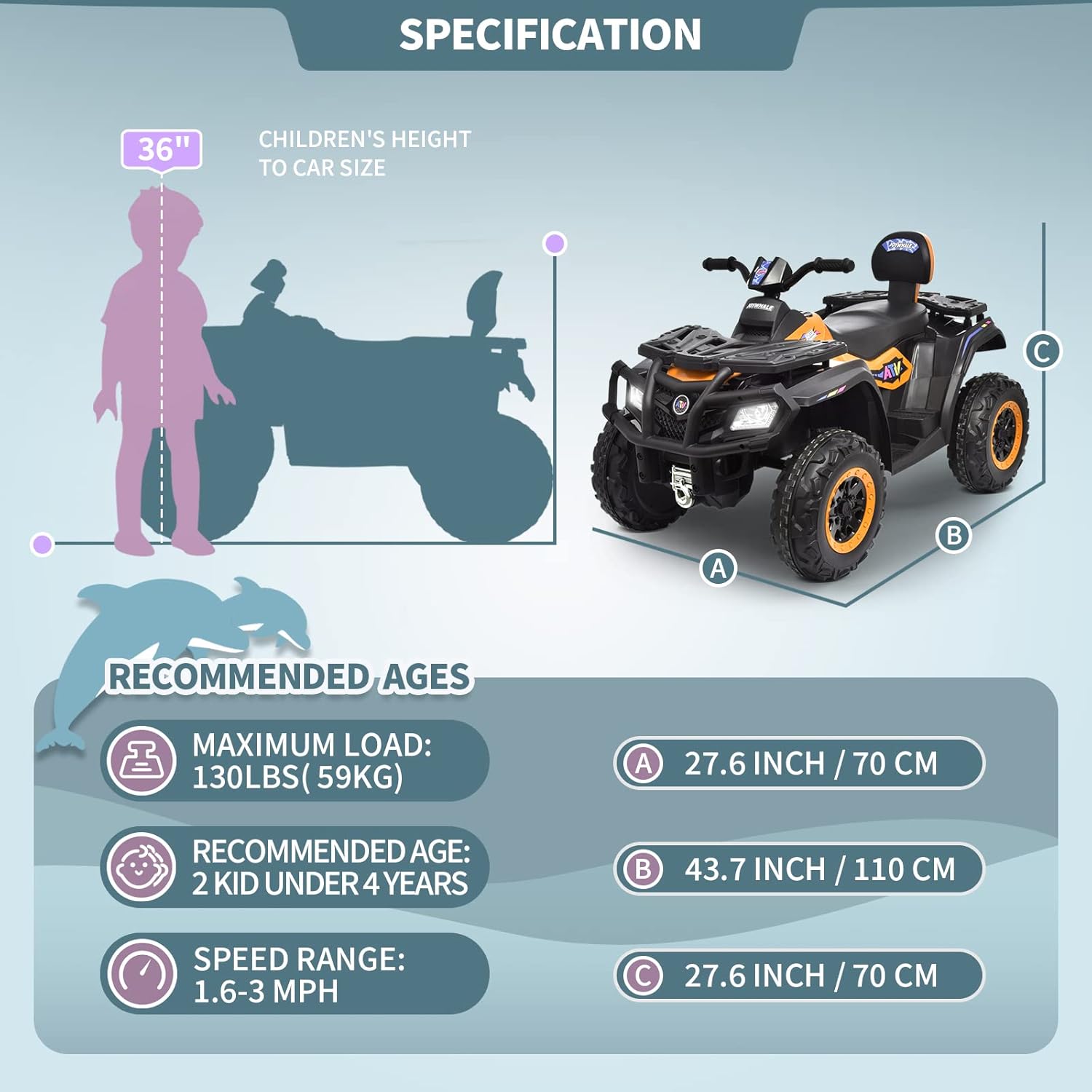Joywhale ATV de 12 V y 2 plazas para niños de 3 a 8 años, con calcomanía de bricolaje, batería 7AH, suspensión de metal, faros brillantes, música,