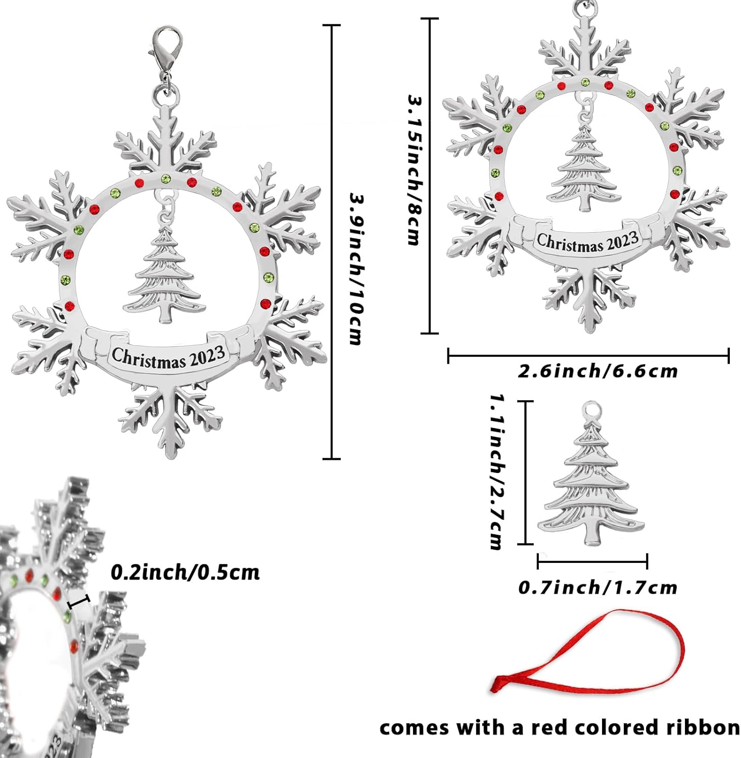 Adorno de Navidad 2023 de metal plateado brillante, adorno de Navidad, copo de nieve, colgante colgante para familia, bebé, pareja, conmemorativo,