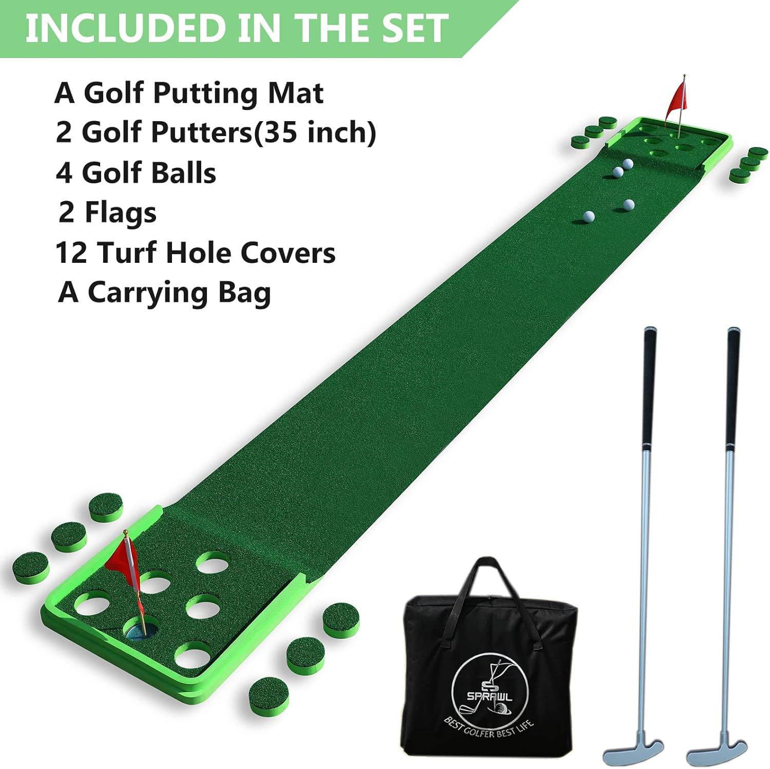 SPRAWL Juego de golf pong, tapete de golf para interiores y exteriores, putters de golf para poner verde, ayuda para entrenamiento de práctica,