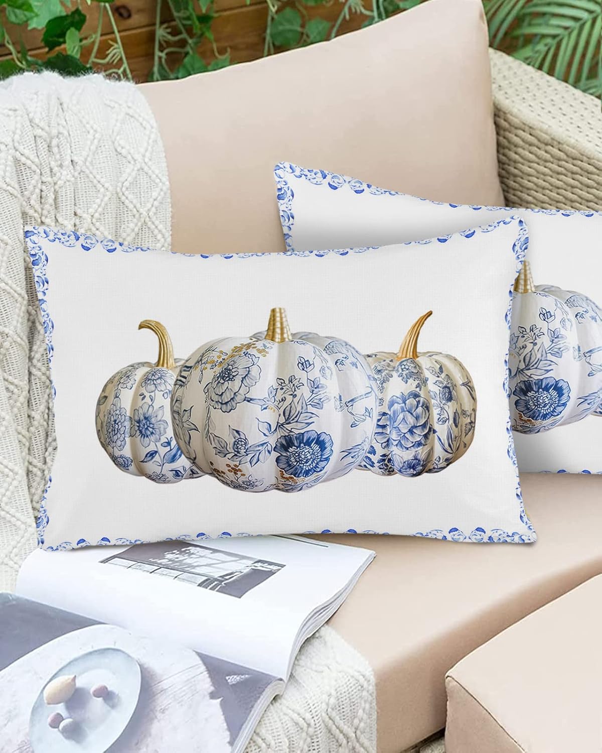 Chinoiserie – Juego de 2 fundas de almohada de porcelana impermeables para sofá, fundas de almohada decorativas de cosecha de otoño de 20 x 12