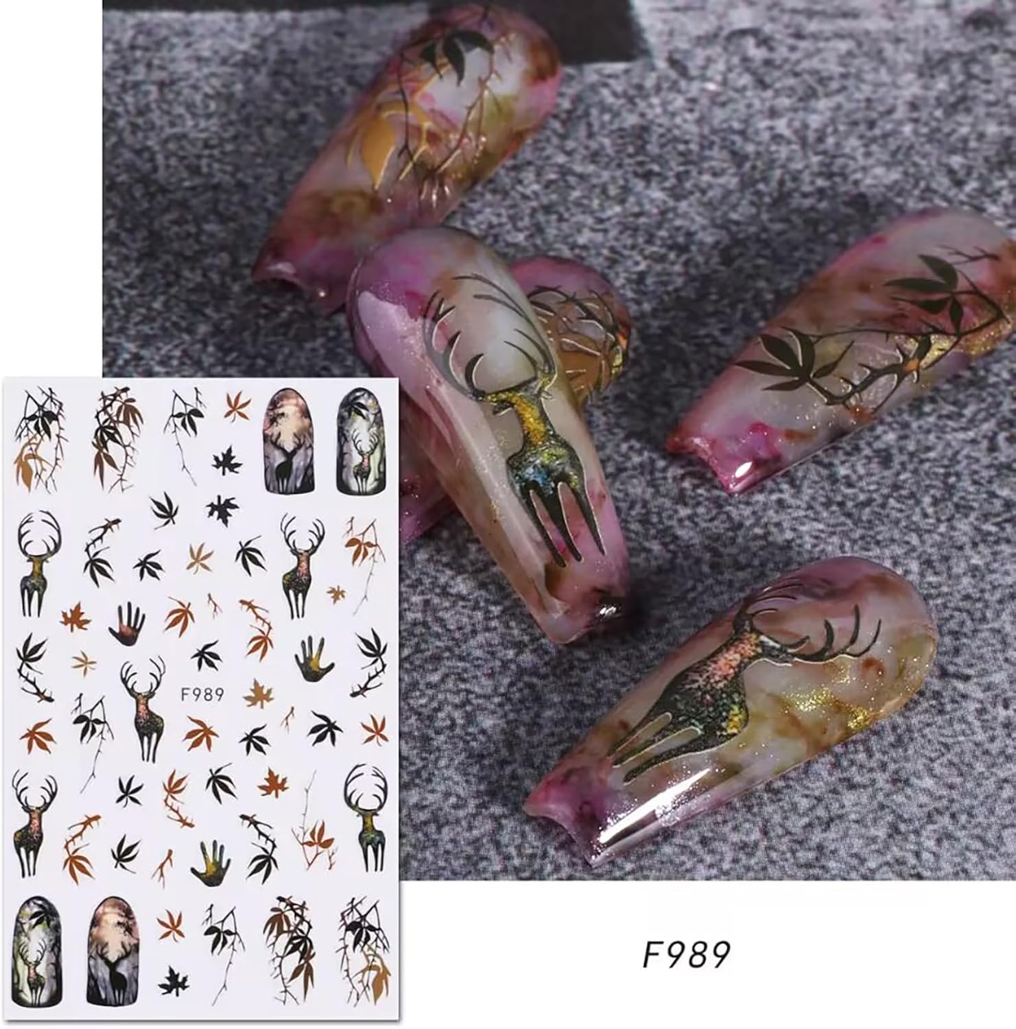 8 hojas de calcomanías de uñas navideñas autoadhesivas 3D, suministros de uñas de temporada, diseño de zorro, alce, hoja de arce, calabaza, diseño