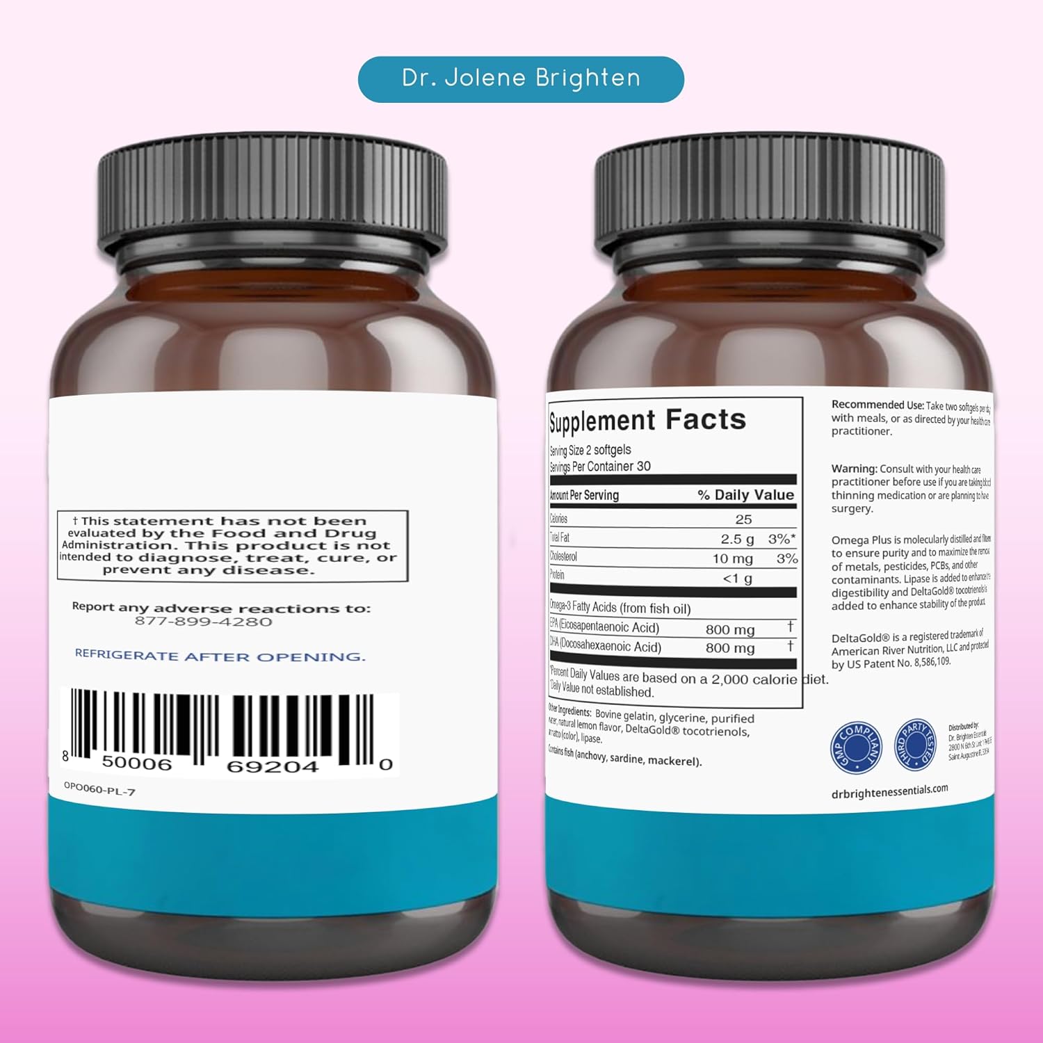 Dr. Brighten Omega Plus  1500 mg de suplemento de aceite de pescado EPADHA sin OMG para corazón, cerebro e sistema inmunológico  60 cápsulas blandas