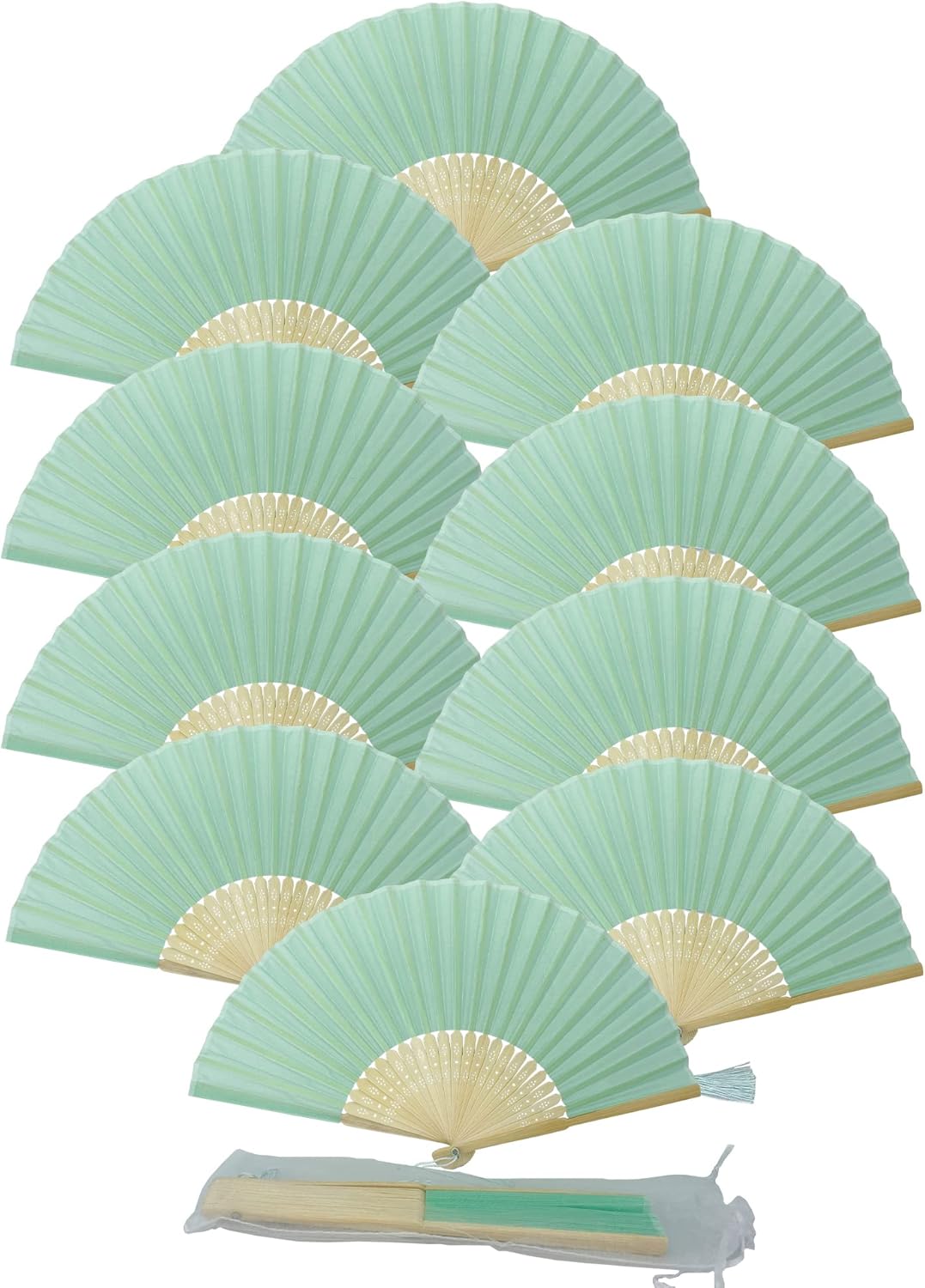 FANSOF.FANS Paquete de 10 abanicos de mano de tela con borla de grado A, varillas de bambú para fiesta de boda (turquesa claro)