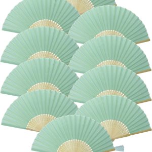 FANSOF.FANS Paquete de 10 abanicos de mano de tela con borla de grado A, varillas de bambú para fiesta de boda (turquesa claro) FANSOF.FANS Paquete de 10 abanicos de mano de tela con borla de grado A, varillas de bambú para fiesta de boda (turquesa claro)