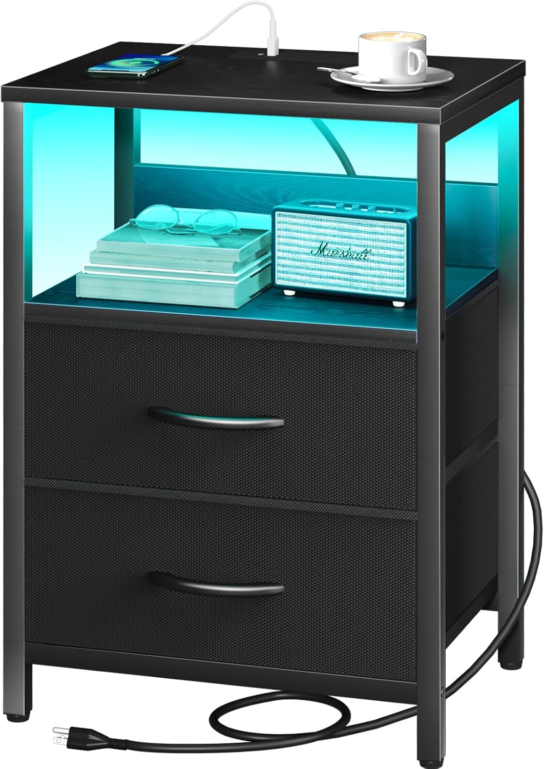 Yoobure – Mesita de noche con estación de carga, con LED y cajones de tela, estante de almacenamiento para dormitorio, con puertos USB y
