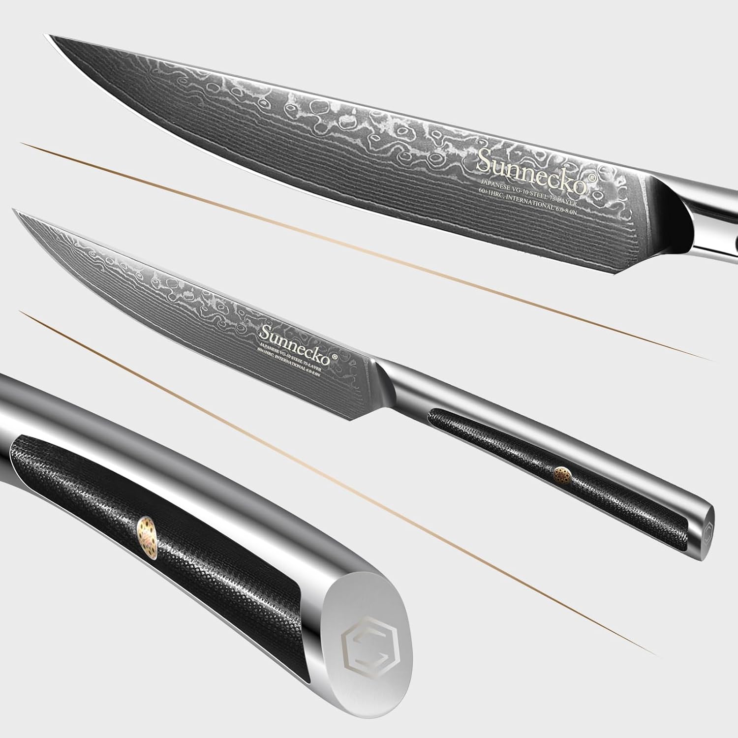 Sunnecko Cuchillo para carne de cocina de 5 pulgadas, cuchillo de carne de Damasco VG-10, cuchillo japonés de acero inoxidable, sin dentar, acero