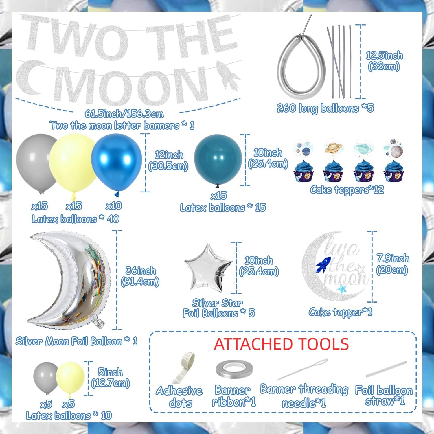 94 decoraciones de fiesta de segundo cumpleaños con temática espacial con dos carteles de la luna, globos de aluminio de luna plateada y estrellas,