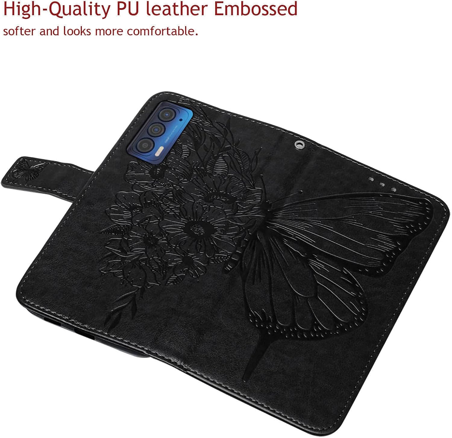 Funda compatible con Motorola Edge 2021, función atril, correa de muñeca, ranuras para tarjetero, diseño floral de mariposa, funda de piel sintética