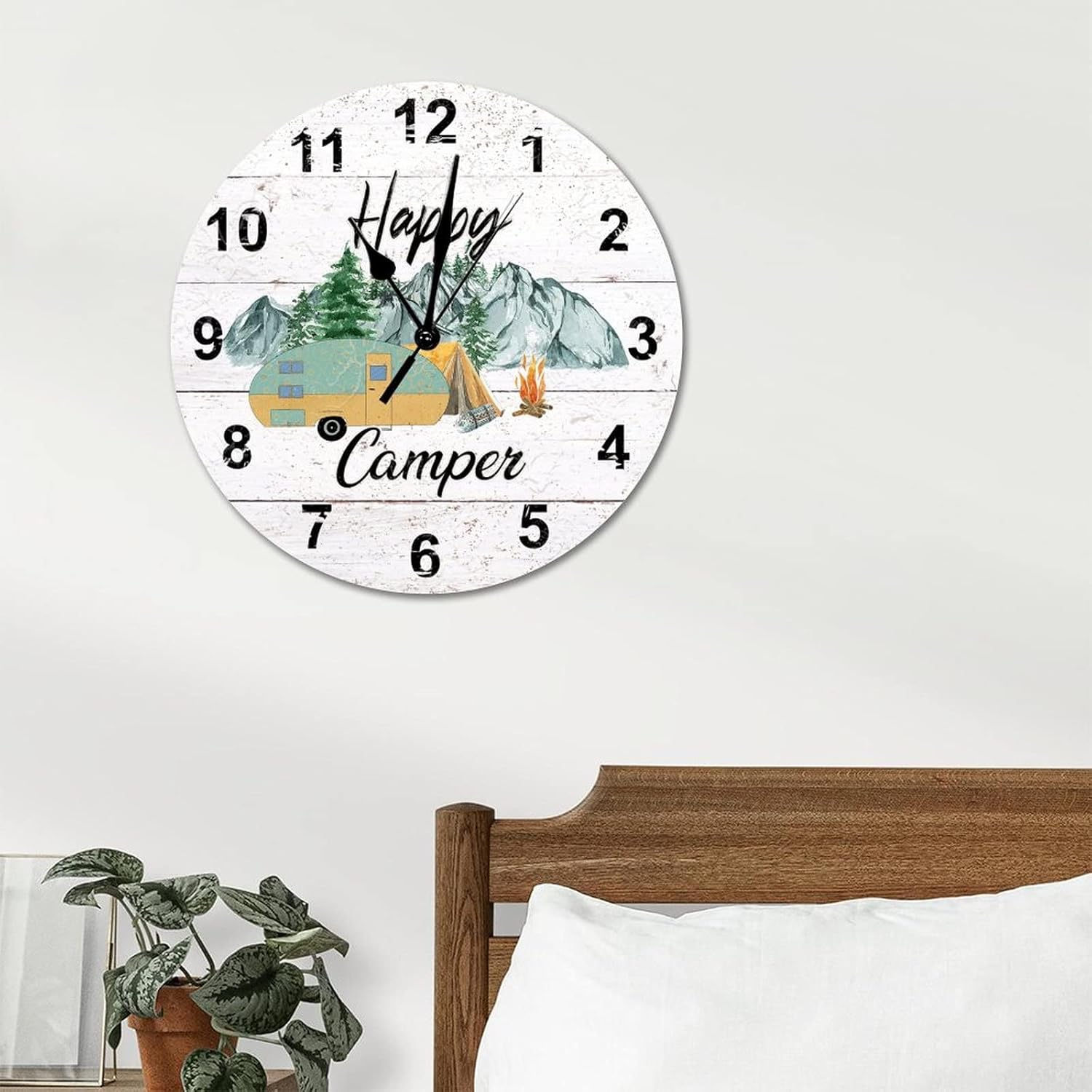 Happy Campers – Reloj de pared grande para amantes de la naturaleza, de 10 pulgadas, estilo vintage, silencioso, sin tictac, funciona con pilas,