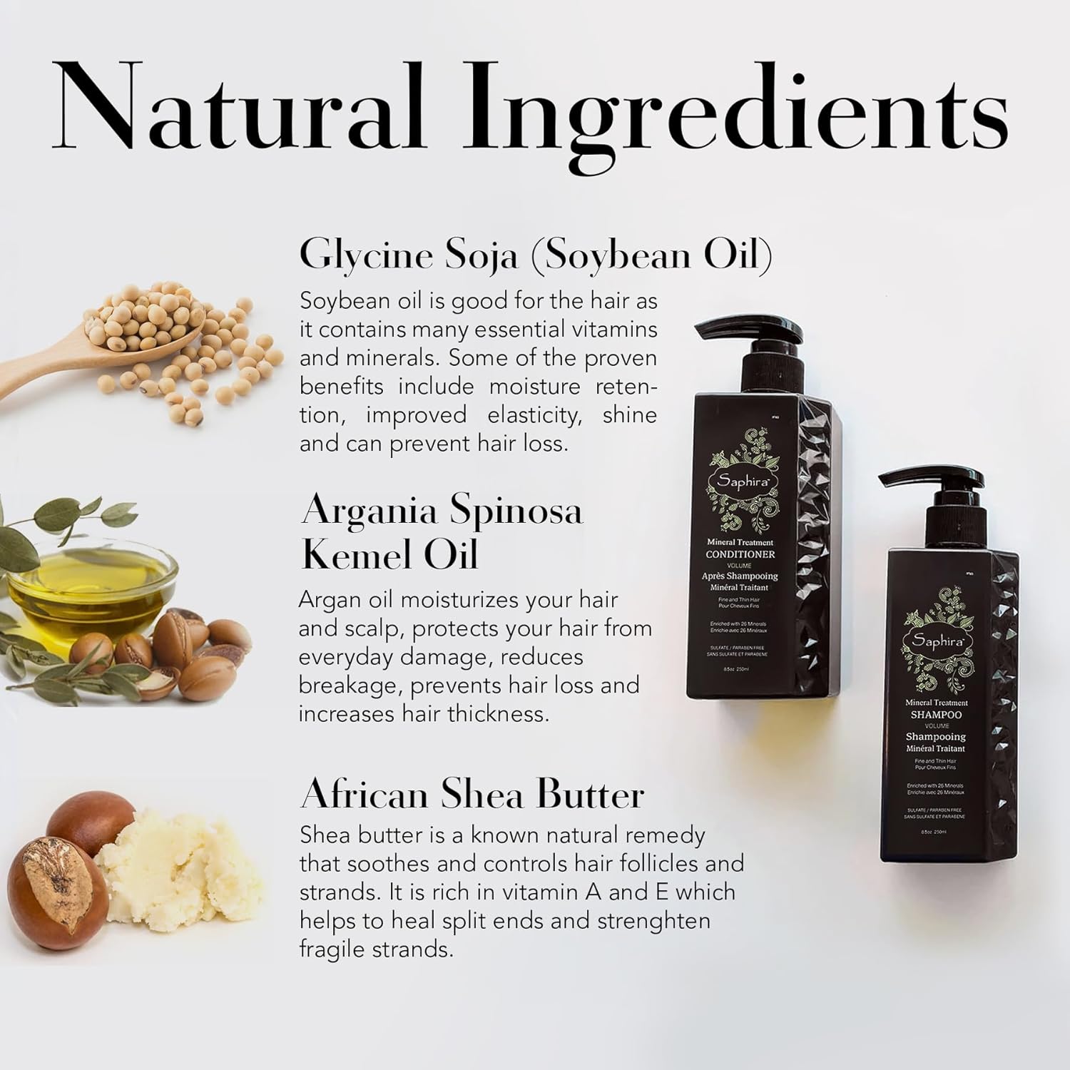 Saphira Champú y acondicionador de tratamiento mineral para cabello fino, fino y tratado con color, sin sulfatos, sin parabenos, fortalece, da