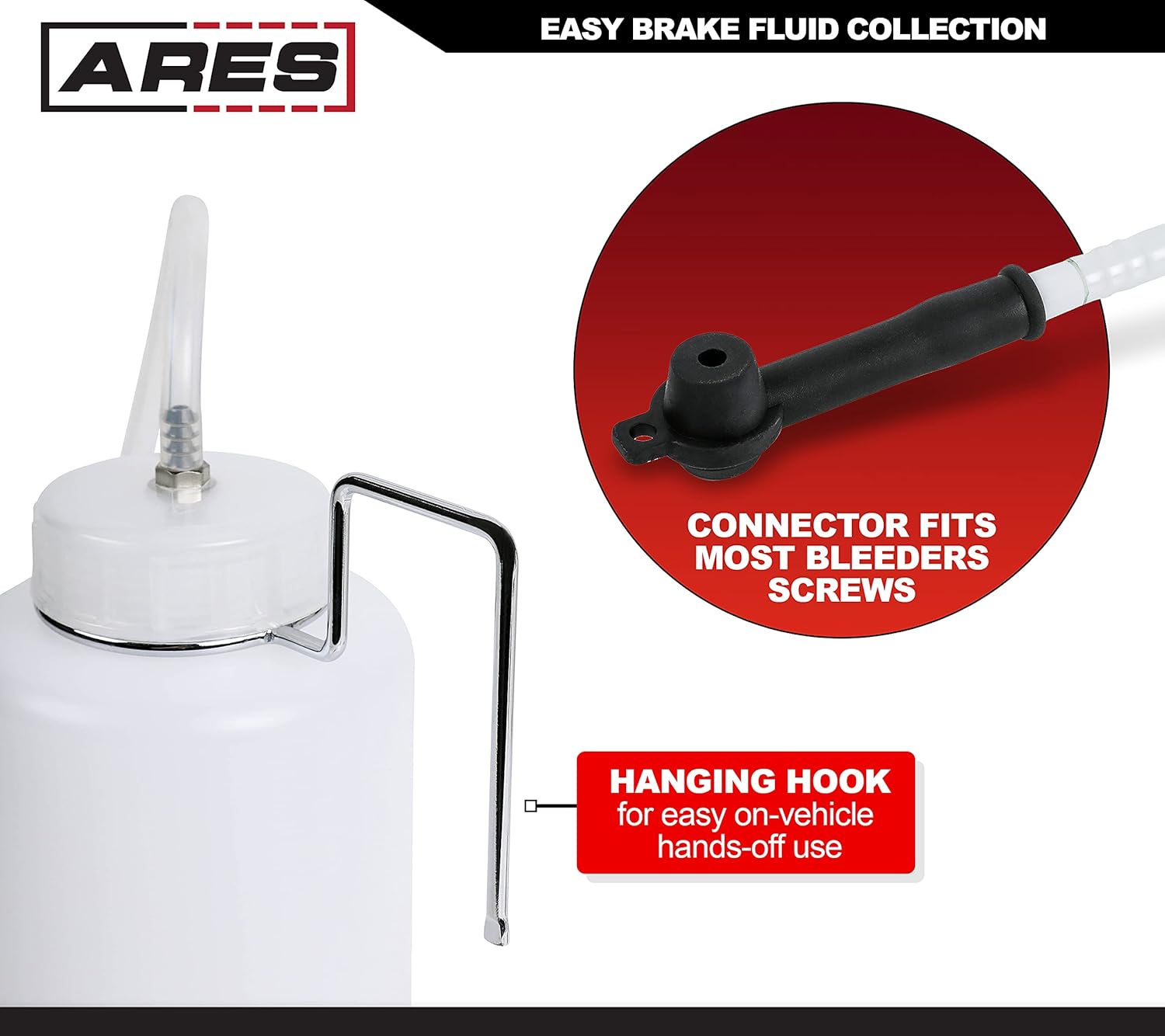 ARES 18037-1L Botella de depósito de líquido de purga de frenos – Captura y contiene líquido de frenos usado – Gancho colgante para un fácil uso –