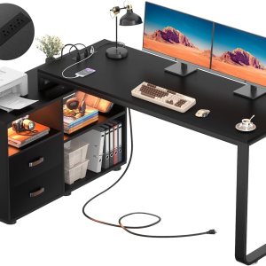 Homieasy Escritorio en forma de L con archivador y toma de corriente, escritorios reversibles de esquina grandes de 55 pulgadas con tira LED, Homieasy Escritorio en forma de L con archivador y toma de corriente, escritorios reversibles de esquina grandes de 55 pulgadas con tira LED,
