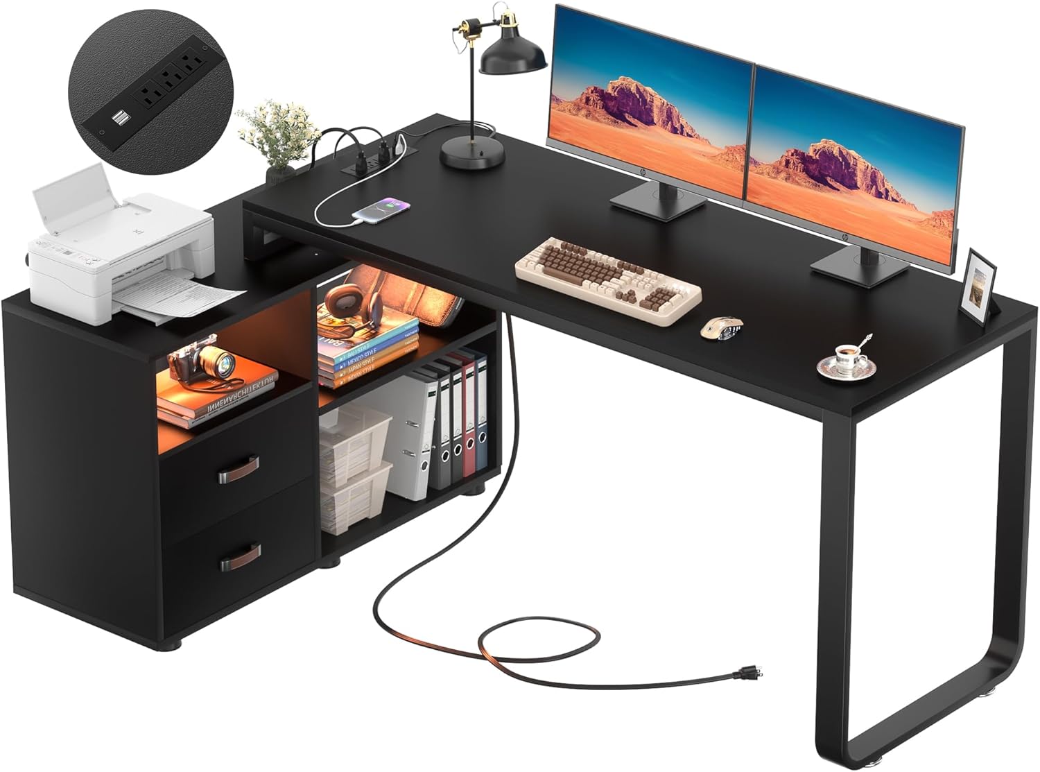 Homieasy Escritorio en forma de L con archivador y toma de corriente, escritorios reversibles de esquina grandes de 55 pulgadas con tira LED,