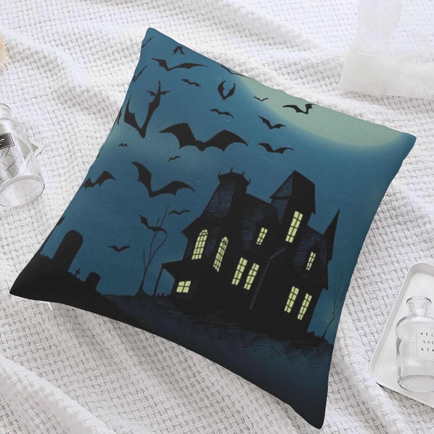 Funda de almohada de 18 x 18 pulgadas, decoración de fiesta de Halloween, sofá, almohada de caricatura, murciélago y calabaza