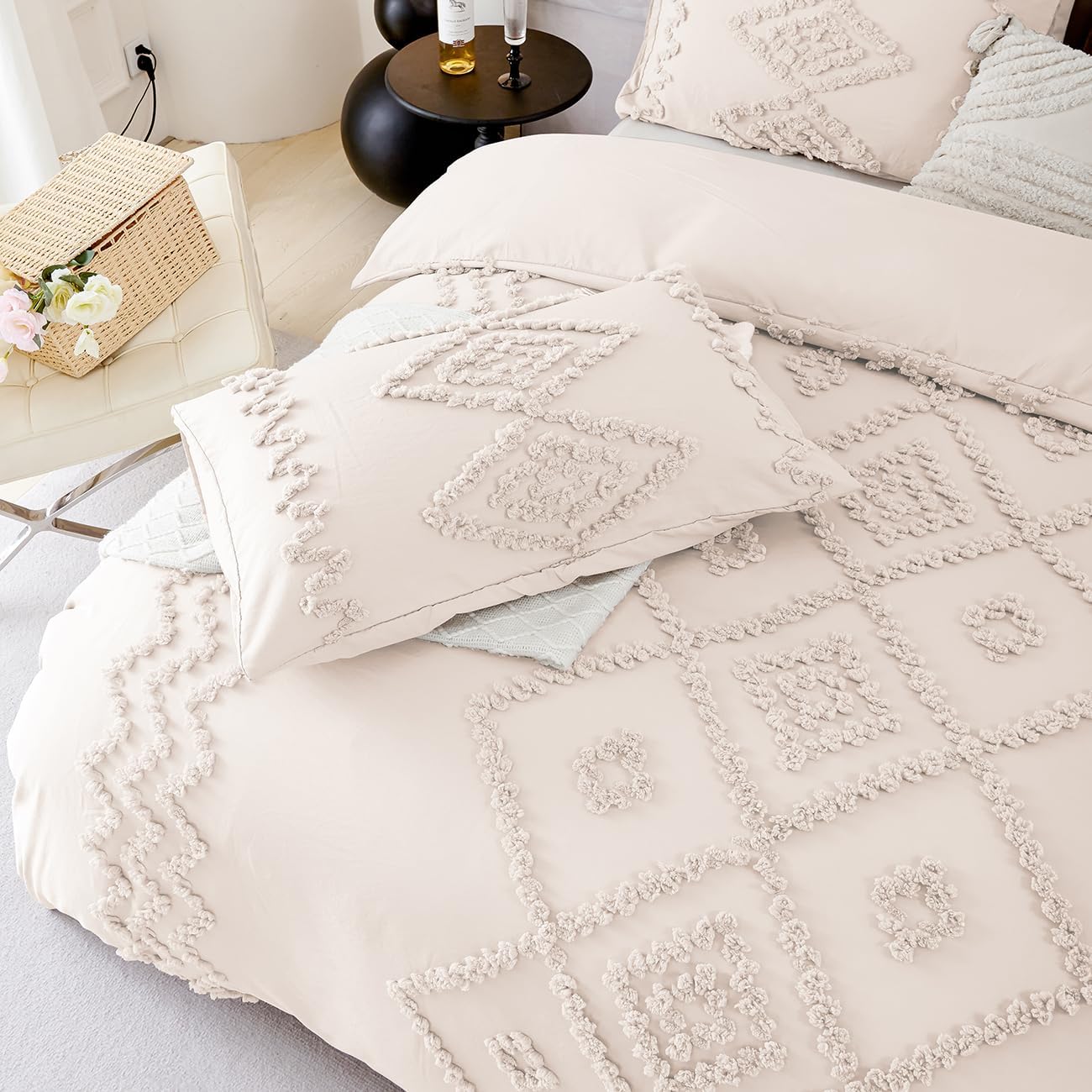 URBONUR Juego de funda de edredón beige tamaño Queen  Juego de ropa de cama bohemio copetudo, color beige, juego de funda de edredón suave y ligera