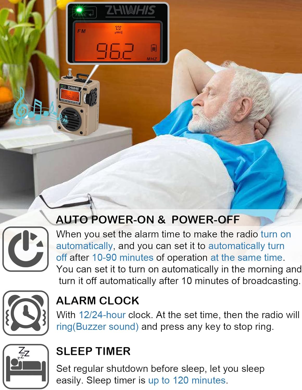 ZHIWHIS Radio de onda corta reproductor de MP3 con radios meteorológicos portátil AM FM altavoz Bluetooth retro con 6 modos de ecualización receptor - Imagen 7