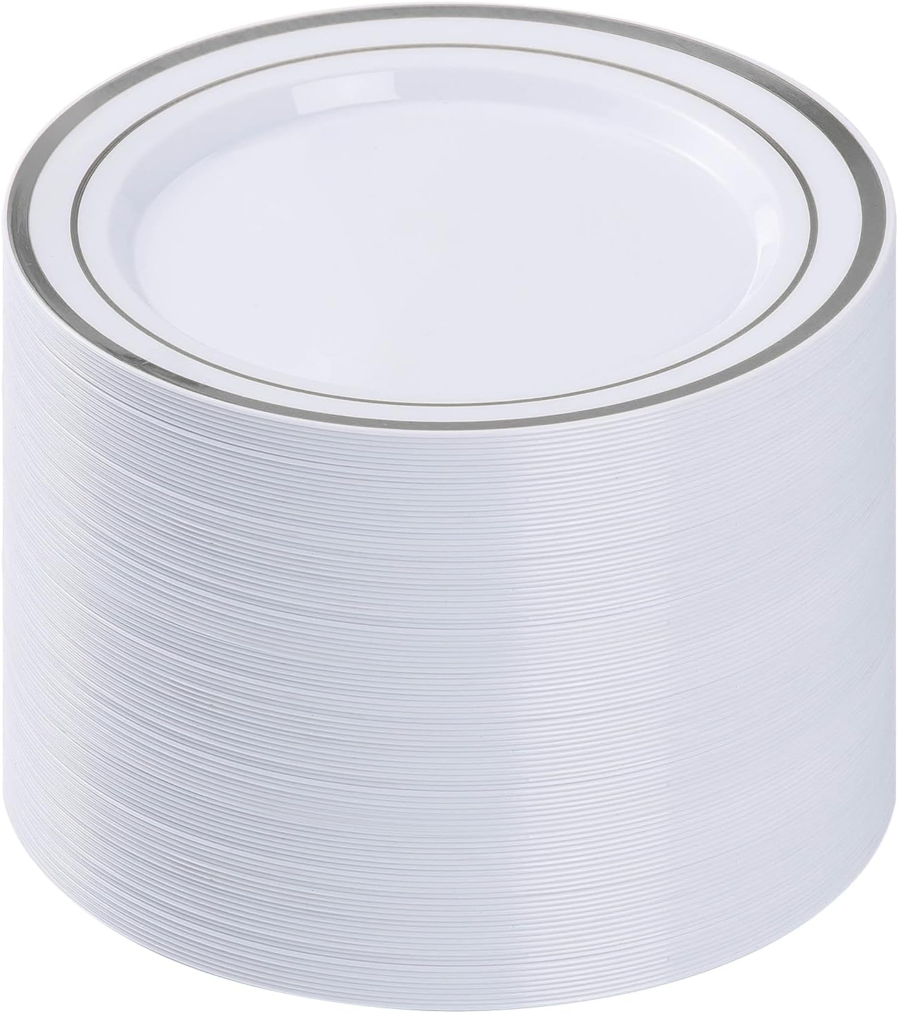 100 platos de plástico plateado, platos desechables de 10.25 pulgadas para fiesta con borde plateado, platos de plástico desechables resistentes